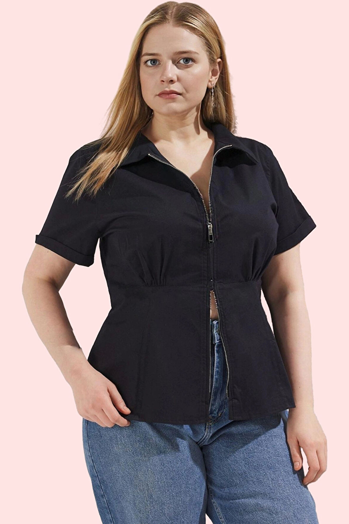 Kadın Büyük Beden Kısa Kol Fermuarlı Dokuma Gömlek Renk Günlük Stil Yaz Aylarının Vazgeçilmezi