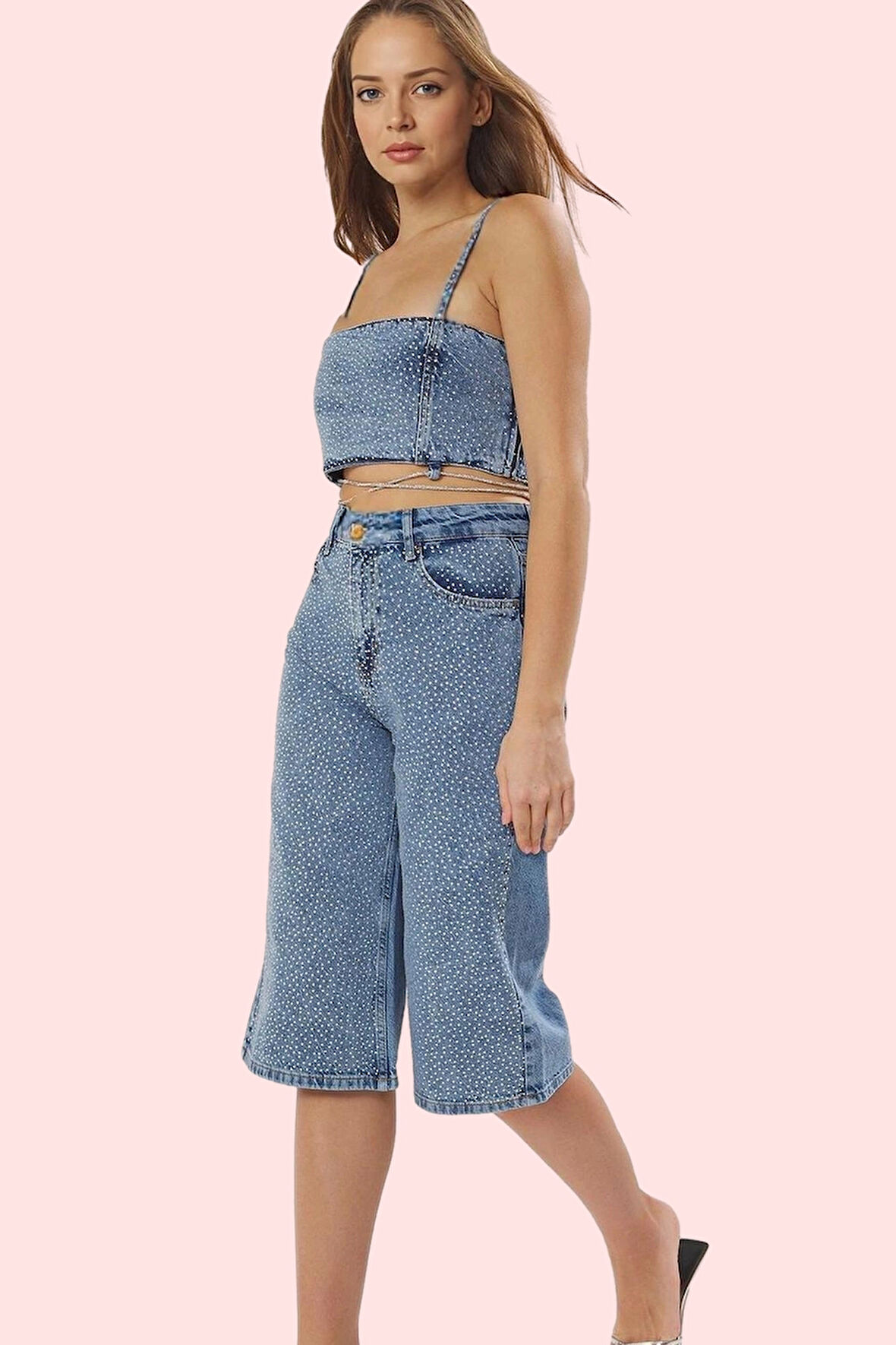 Kadın Denim Bermuda Şort Taş Baskı Boyfriend Kesim Pamuk Yaz Aylarının Vazgeçilmezi Günlük Kullanım