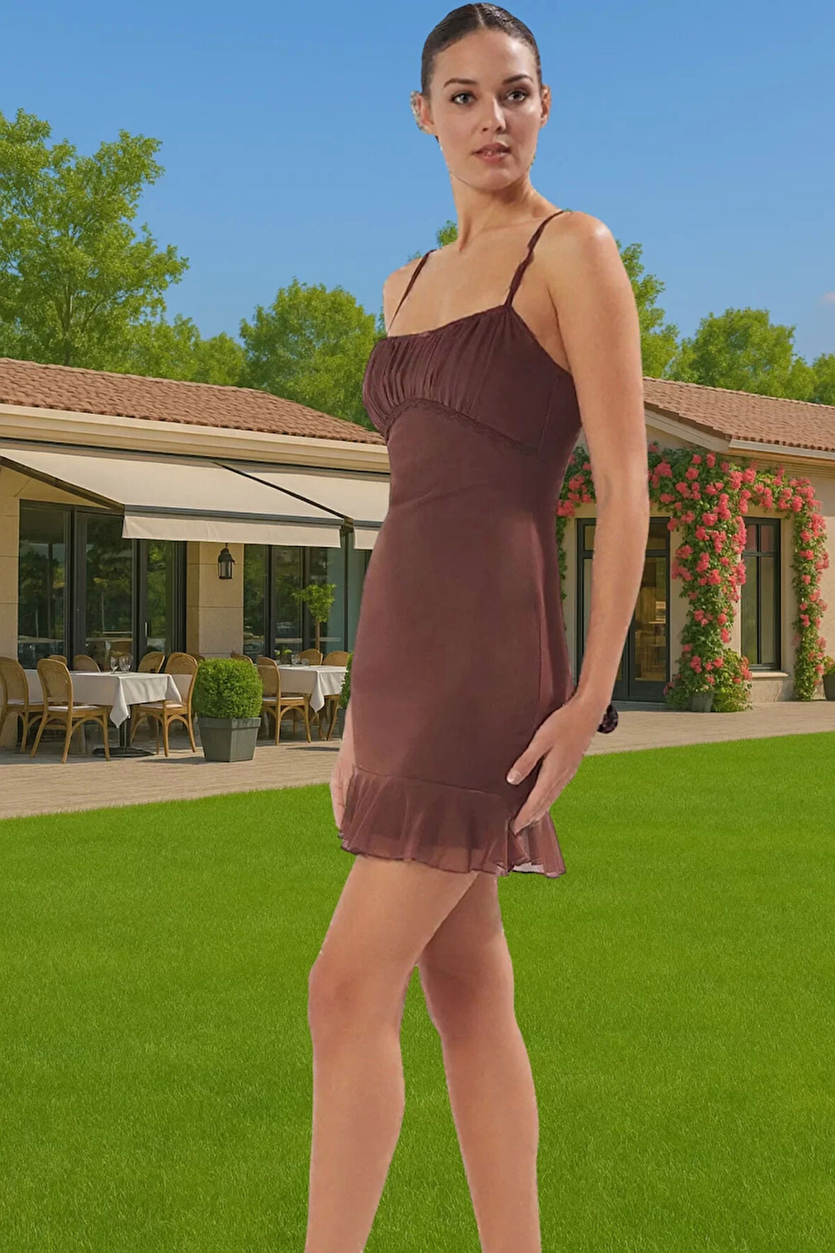 Soyut Desenli Volan Detaylı Mini Tül Abiye Elbise Dayanıklı Malzeme Kaliteli İşçilik