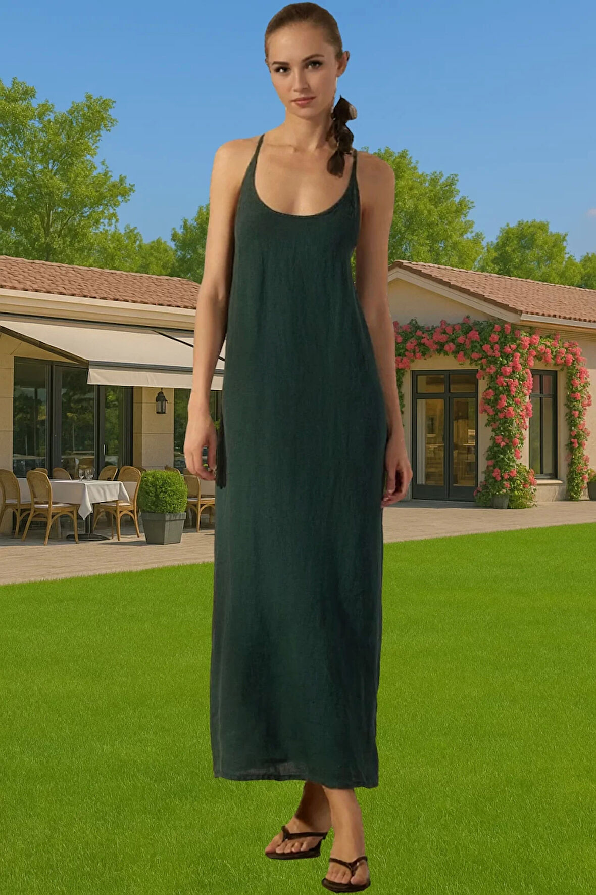 Kadın Maxi Keten Elbise Shift Kalıp V Yaka Günlük Stil Trend Tasarım Modern Stil Yüksek Kalite