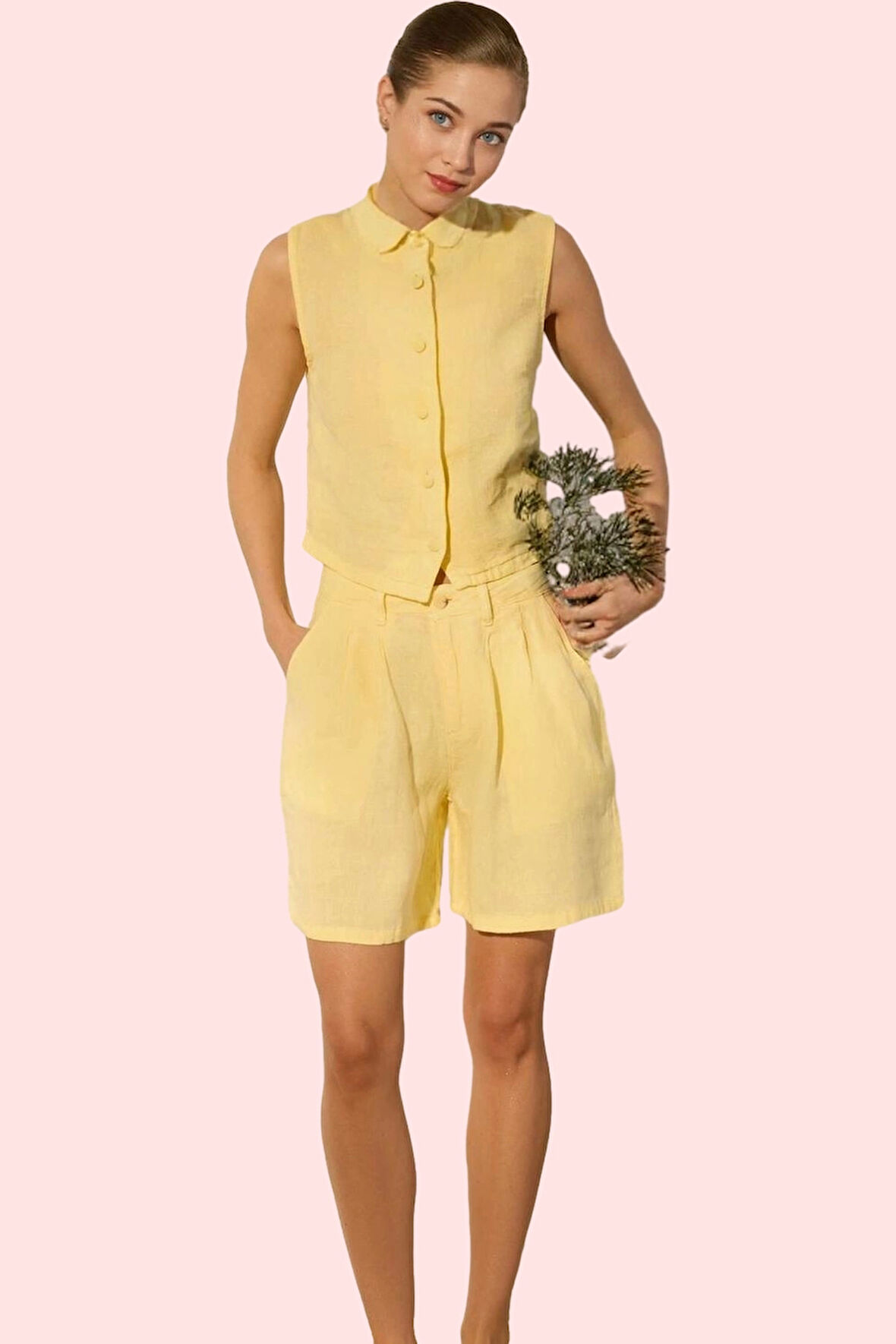 Kadın Keten Yüksek Bel City Short Şort Yaz Aylarının Vazgeçilmezi Günlük Kullanım Hafta Sonu