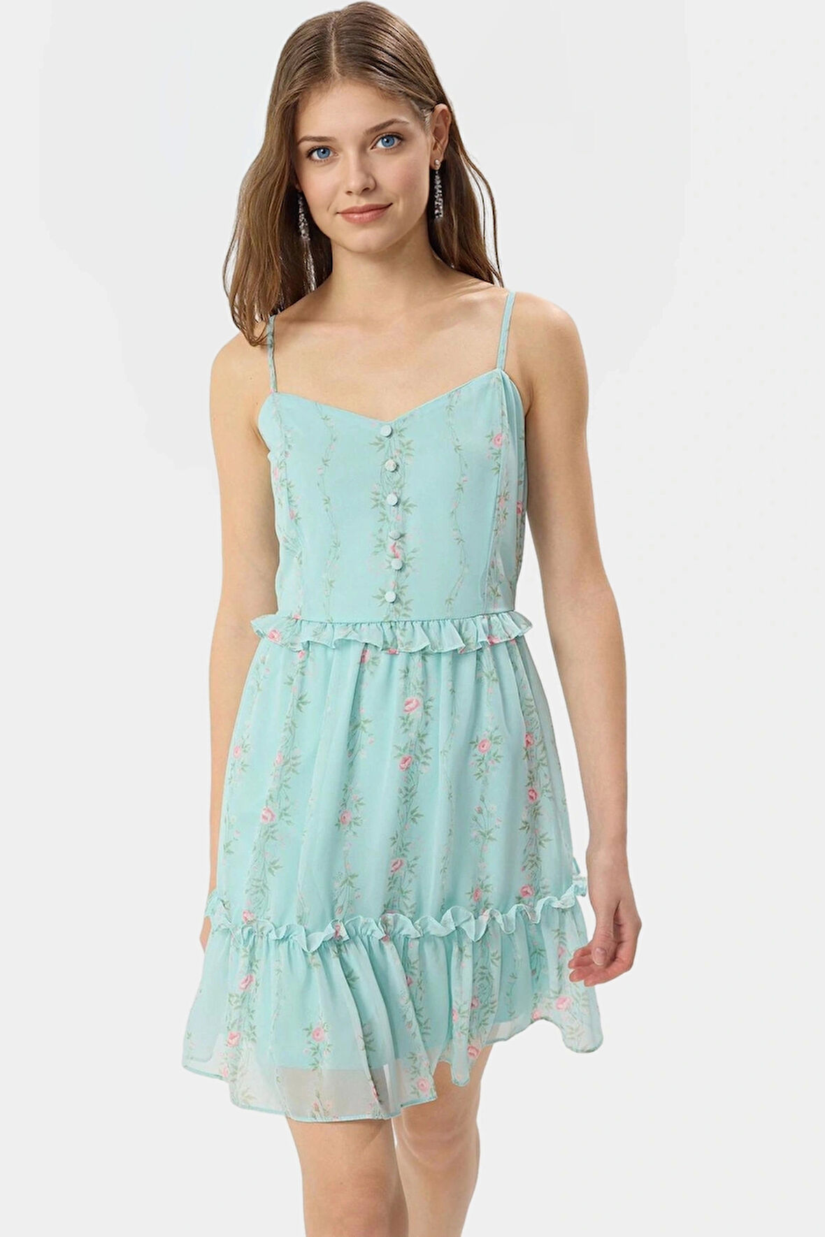 Yazlık Çiçekli Mini Şifon Elbise Astarlı Kalp Yaka Dokuma Dayanıklı Malzeme Modern Stil