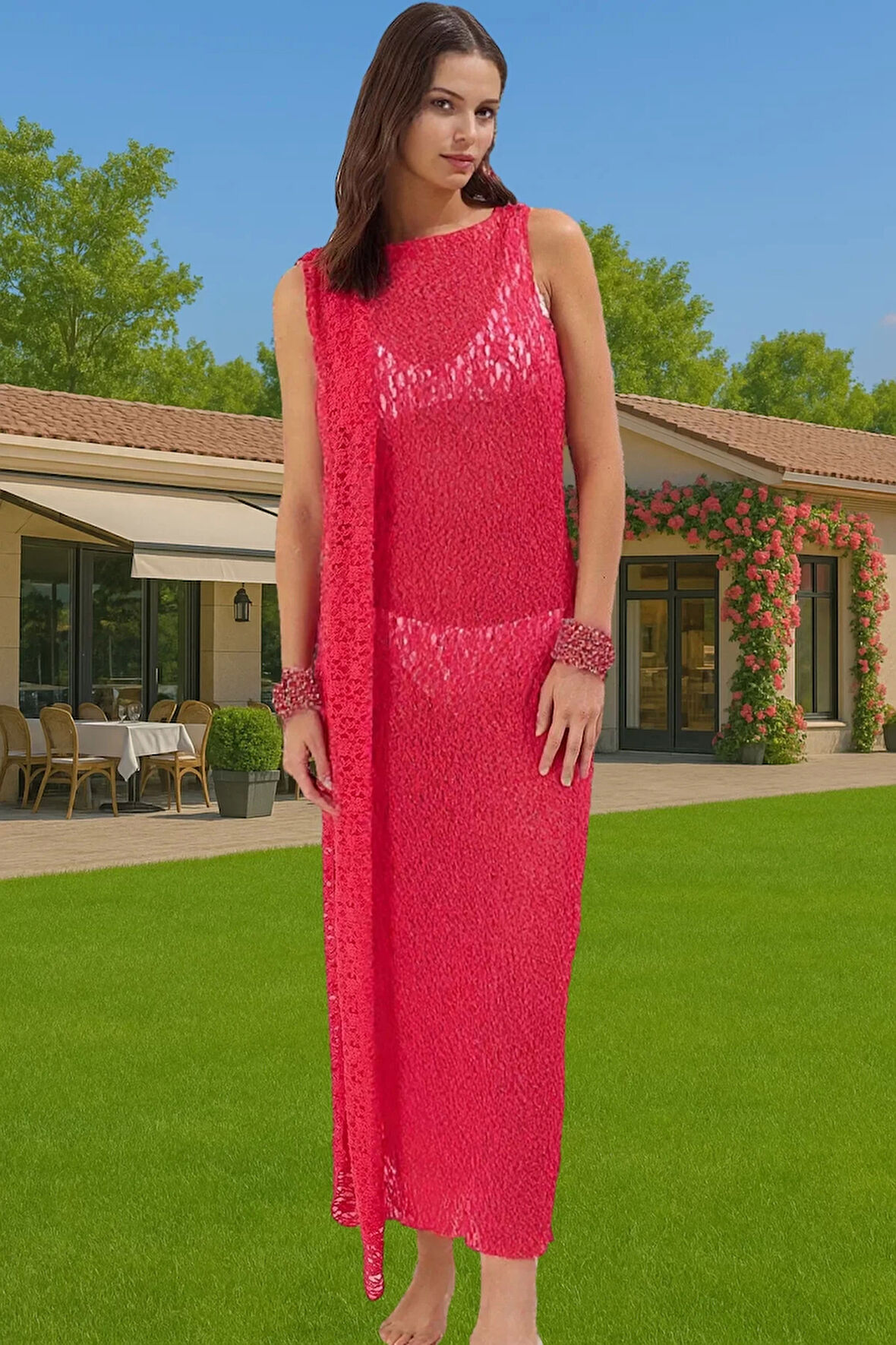 Maxi Örme Dantel Plaj Elbisesi Bodycon Kalıp Yazlık Şık Tasarım Şık Görünüm Zarifane Tasarım