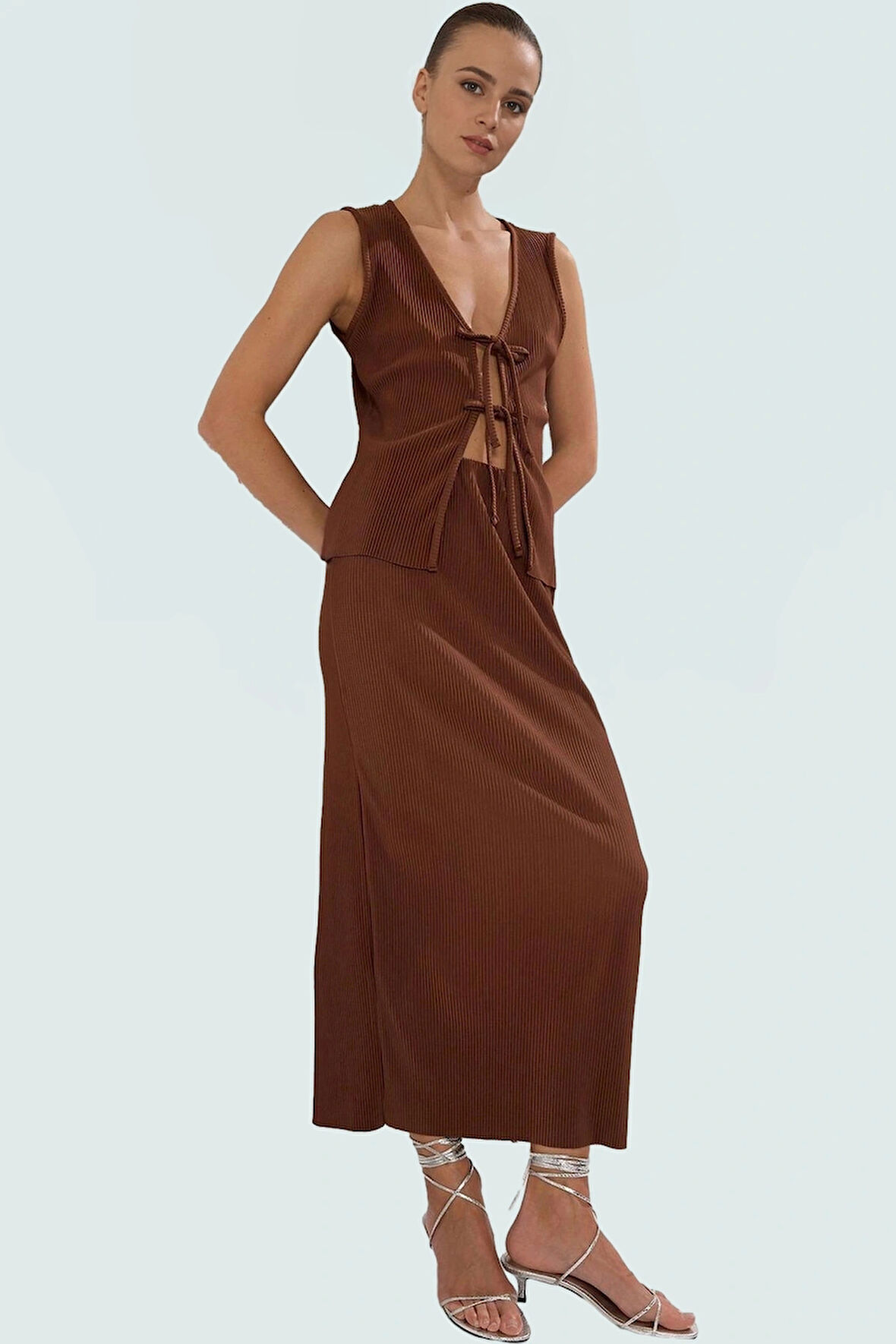 Kadın Pilise Örme Bluz Etek Takım Yüksek Bel Yazlık Casual Mükemmel Uyum Kalite