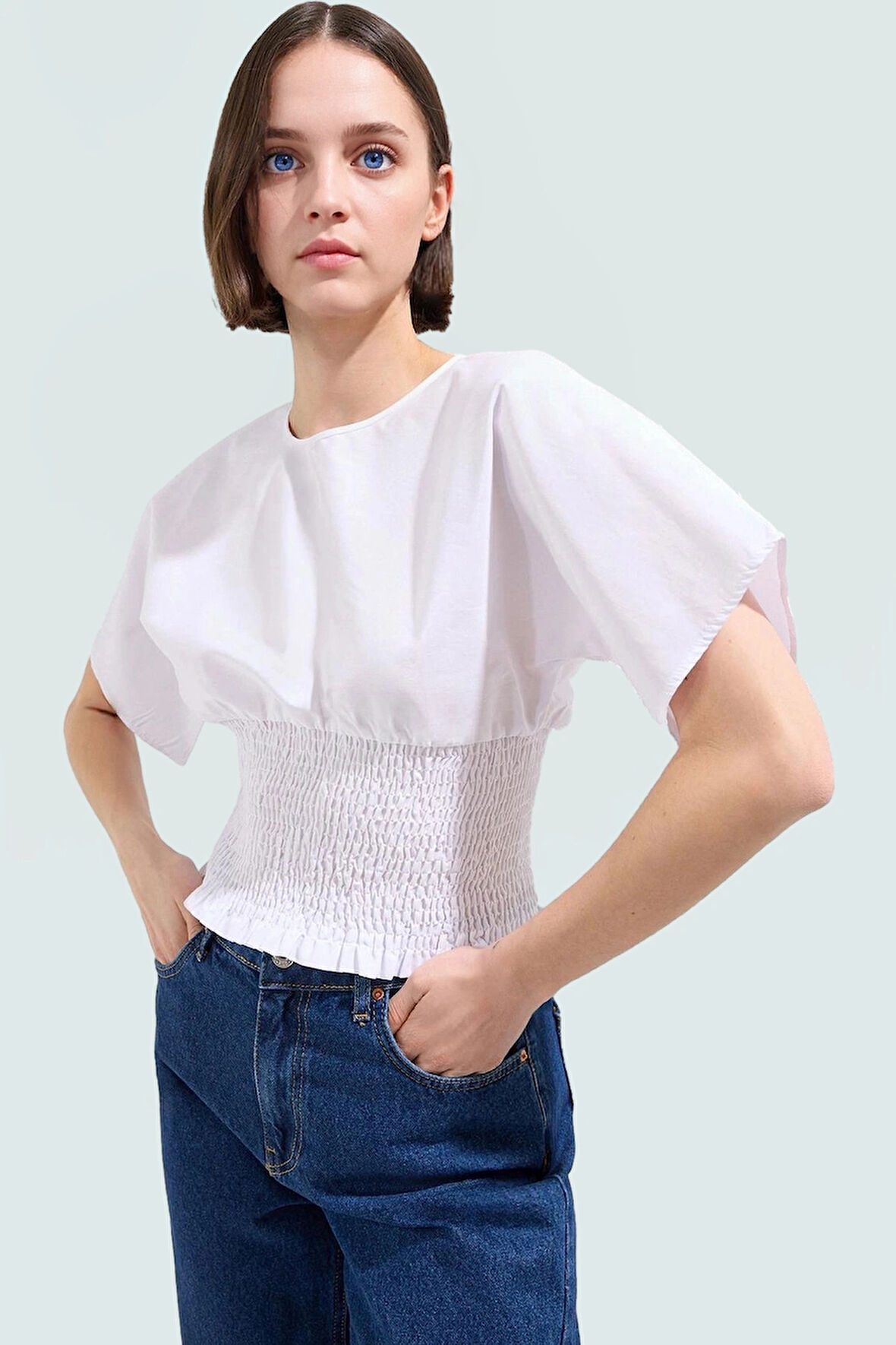 Yazlık Bisiklet Yaka Kısa Kollu Terrycotton Bluz Rahat Kullanım Zarifane Tasarım