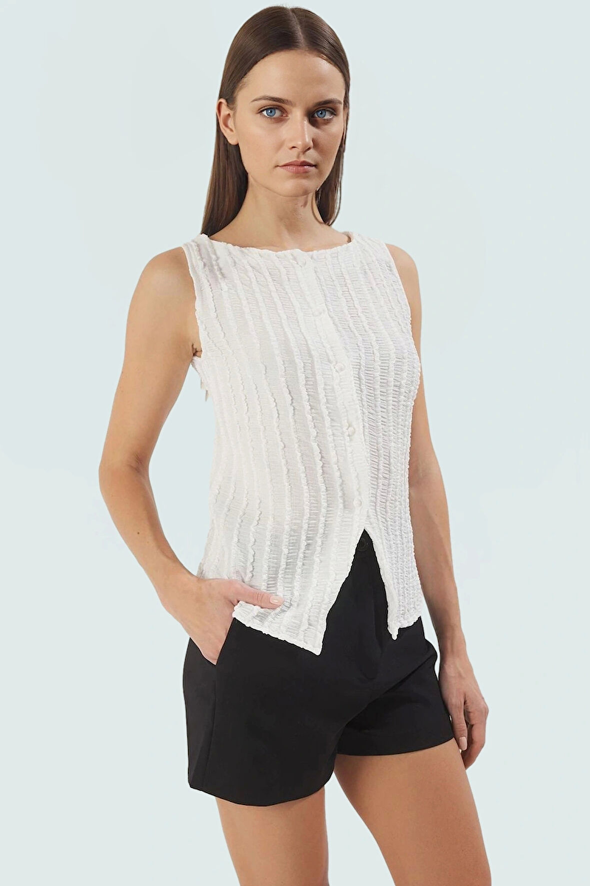 Kadın Gofre Örme Bluz Fitted Kalıp Kayık Yaka Günlük Stil Profesyonel Görünüm Şık