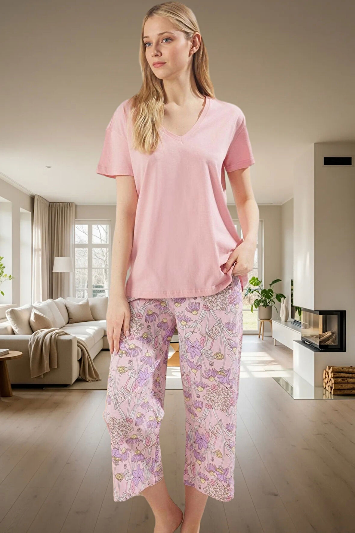 Kadın Çiçekli Kapri Pijama Takımı Rahat Örme Kumaş Kaliteli İşçilik Özel Tasarım Ve Şık