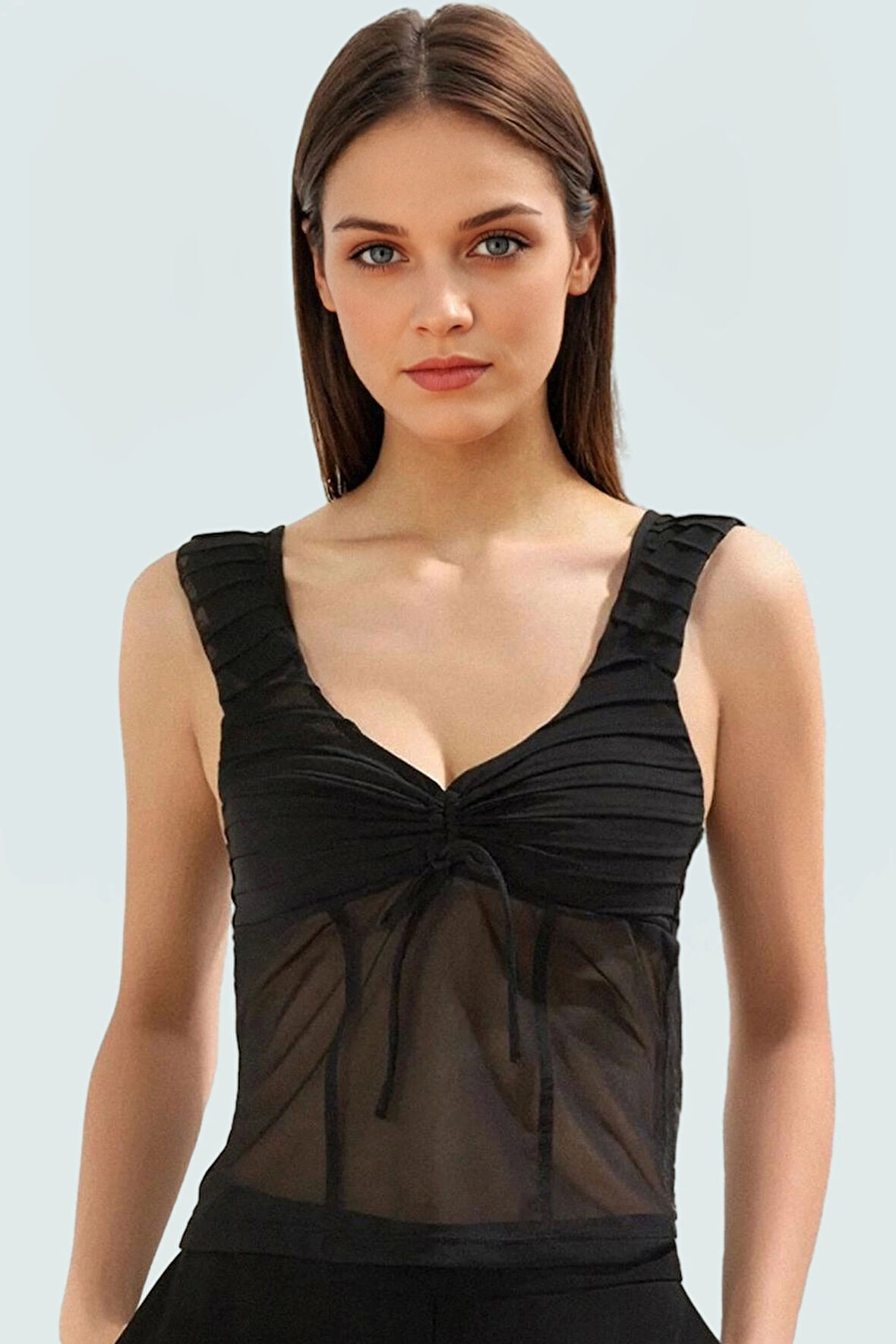 Şık V Yaka Fitted Tül Örme Bluz Modern Stil Seçkin Malzeme Mükemmel Uyum