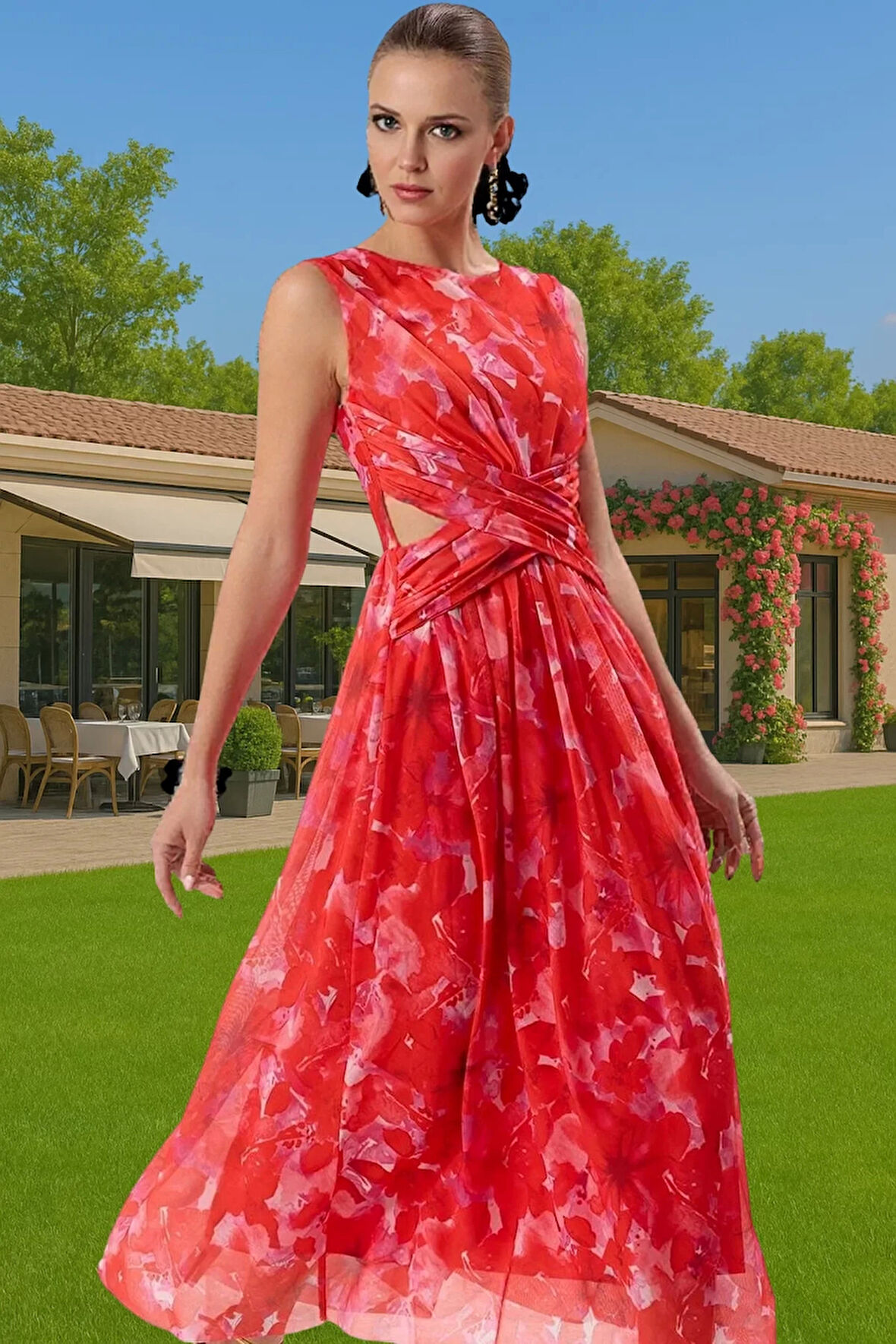 A Kesim Çiçek Desenli Tül Abiye Elbise Belden Açılan Etek Detaylı Şık Görünüm Modern Stil