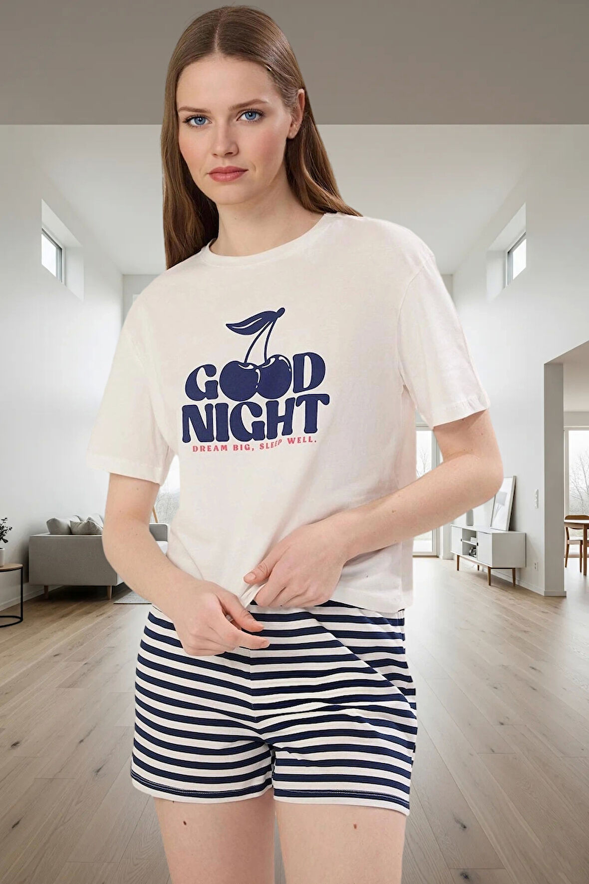 Kadın Yazlık %100 Pamuklu Kiraz Baskılı Pijama Takımı Rahat Kalıp Özel Tasarım Dayanıklı Malzeme