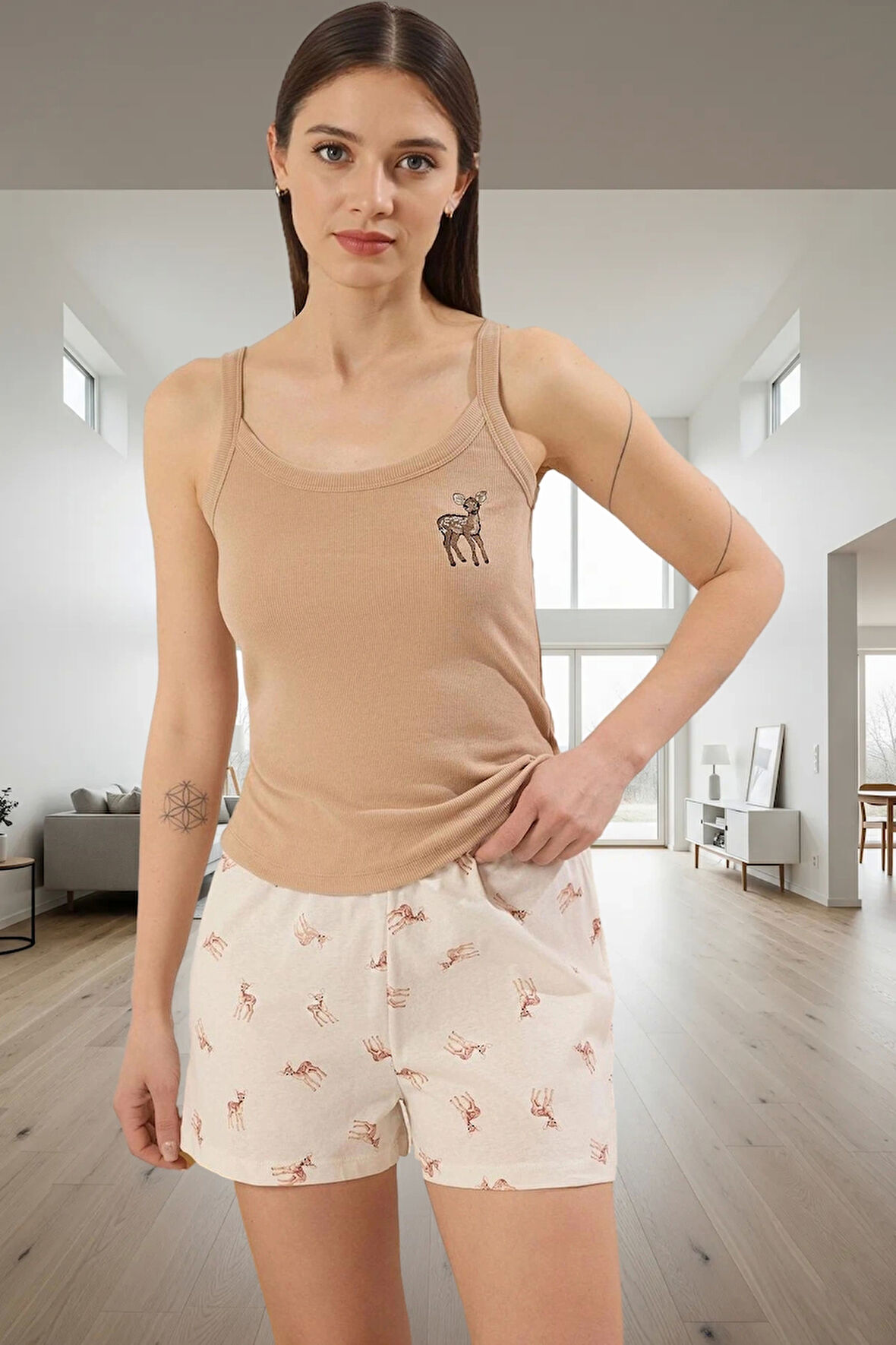 Kadın Rahat Örme Pijama Takımı Geyik Desenli Yazlık Özenle Seçilmiş Dayanıklı Malzeme Mükemmel Uyum