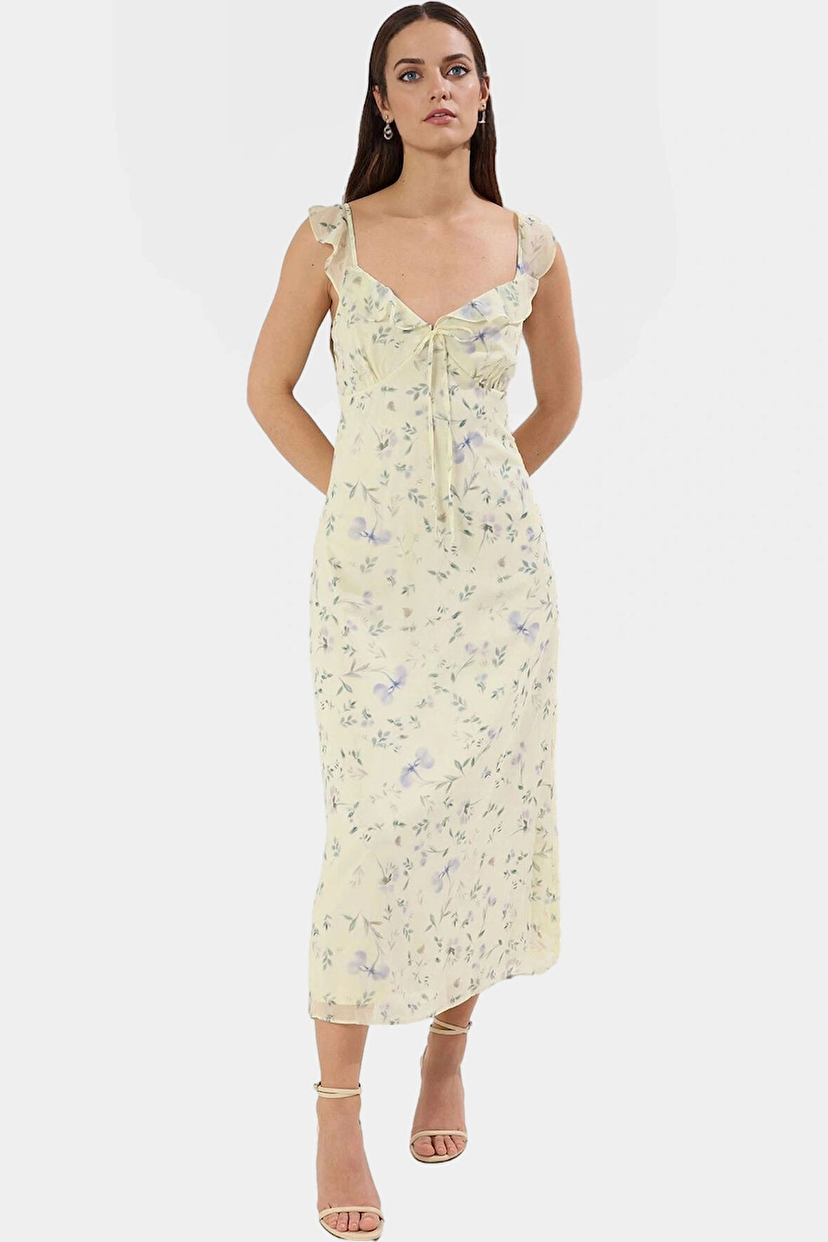 Yazlık Çiçekli A Line Midi Elbise  Polyester Dokuma Kumaş Özenle Seçilmiş Mükemmel Uyum