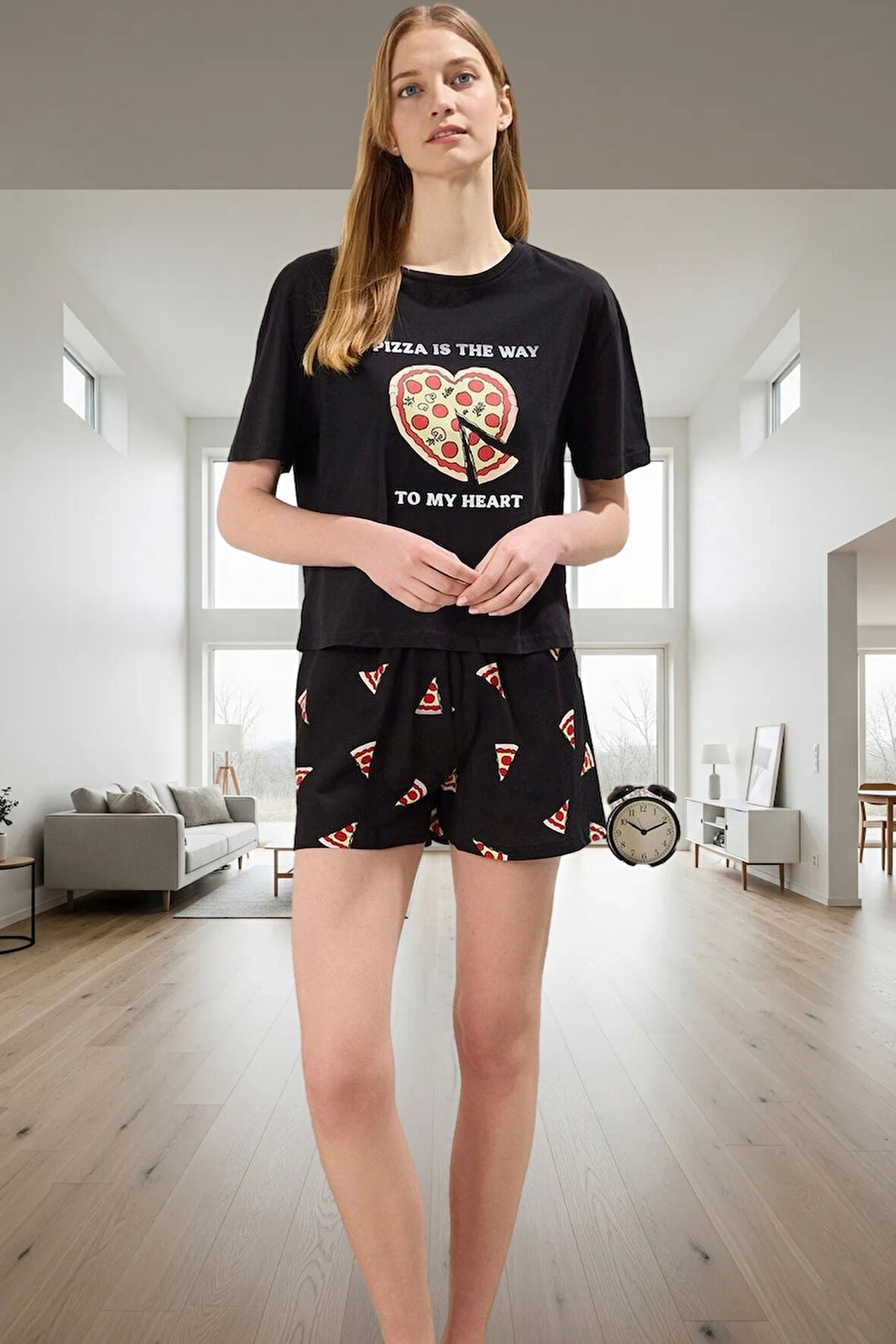 Kadın Yazlık Pamuklu Pizza Desenli Pijama Takımı Premium Kalite Konforlu Kesim Şık Görünüm