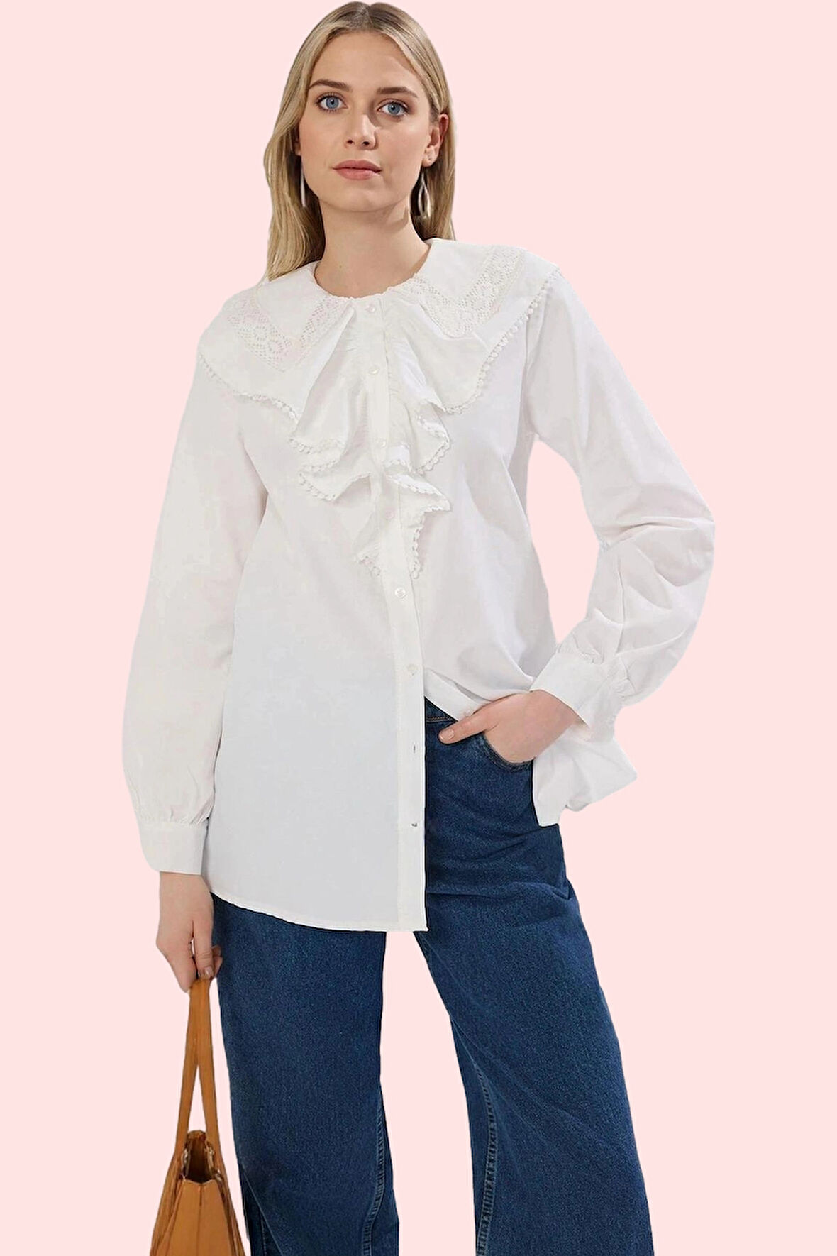 Kadın Dantelli Yakalı Fırfırlı Dokuma Gömlek Renk Günlük Kullanım Yaz Aylarının Vazgeçilmezi