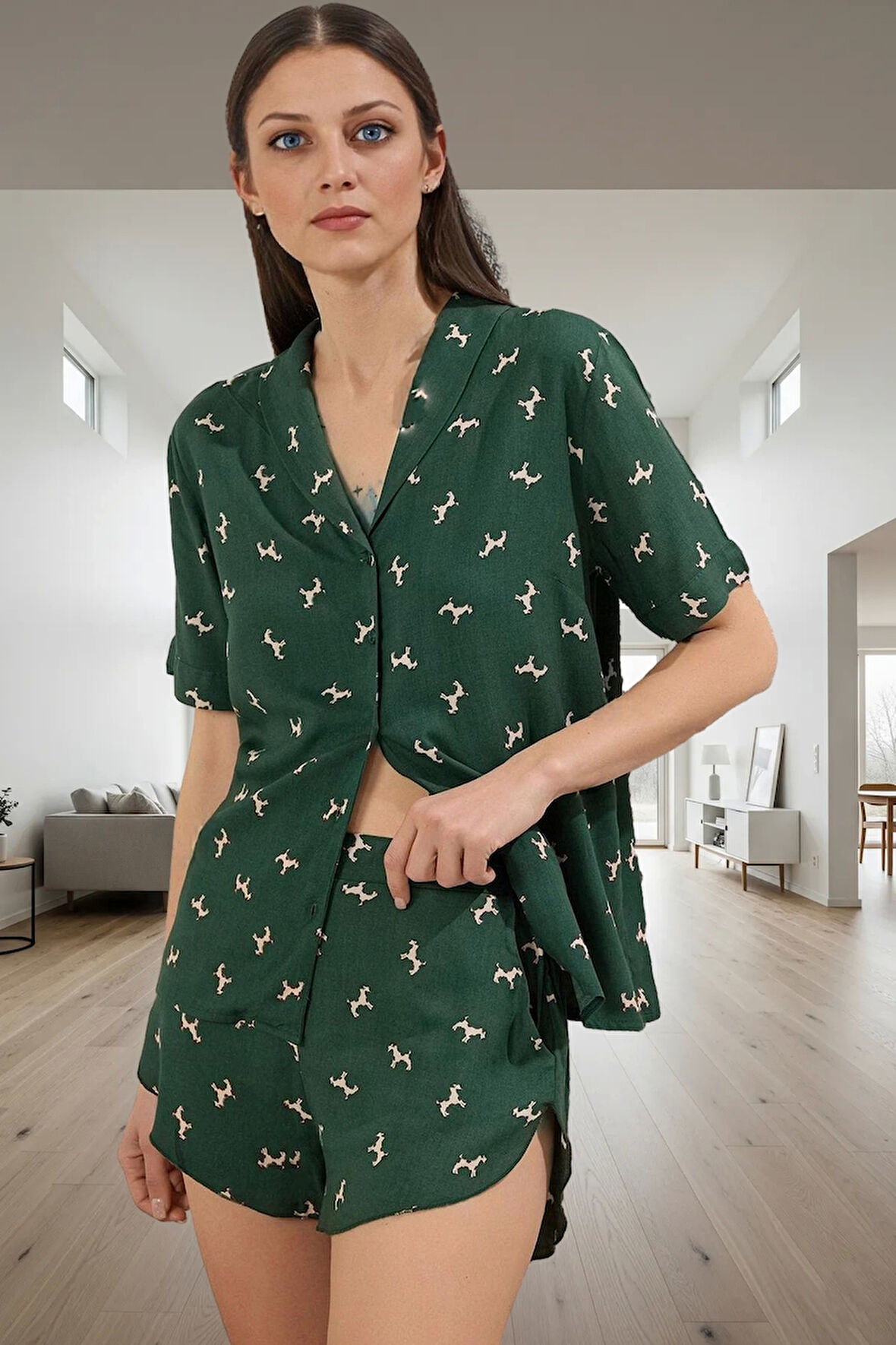 Kadın Kısa Kollu %100 Pamuklu Köpek Desenli Pijama Takımı Mükemmel Uyum Modern Stil Kaliteli İşçilik