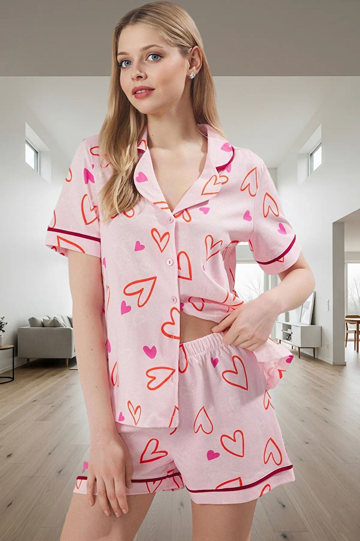 Kadın Pamuklu Kalpli Desenli Kısa Kollu Pijama Takımı Profesyonel Görünüm Mükemmel Uyum Modern Stil