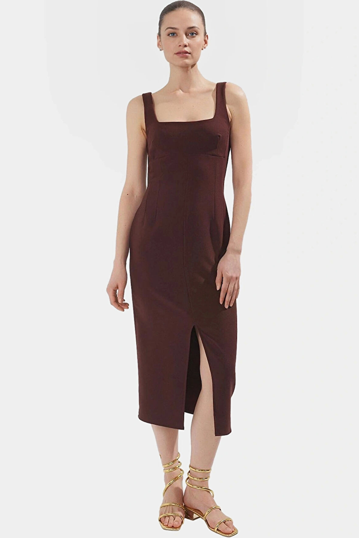 Zarif Midi Boy Kolsuz Dokuma Elbise Vücudu Saran 88% Polyester Yazlık Modern Stil Konforlu Kesim