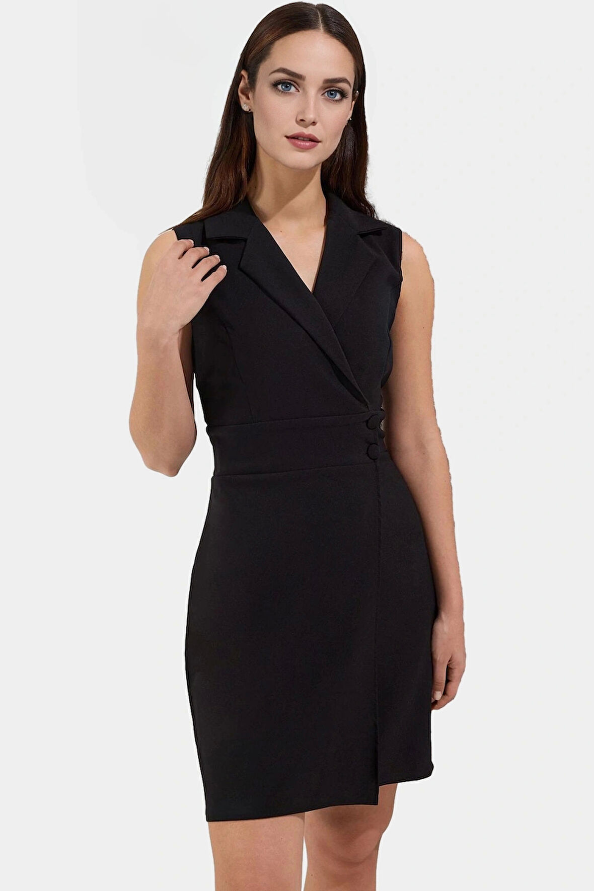 Ceket Yaka Mini Elbise Dokuma Polyester İş Elbisesi Profesyonel Görünüm