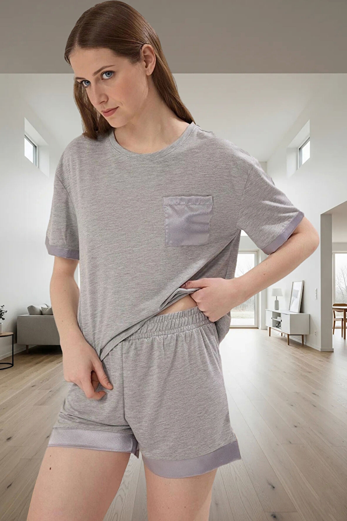 Kadın Melanj Cepli Pijama Takımı Rahat Örme Kumaş Seçkin Malzeme Kaliteli İşçilik