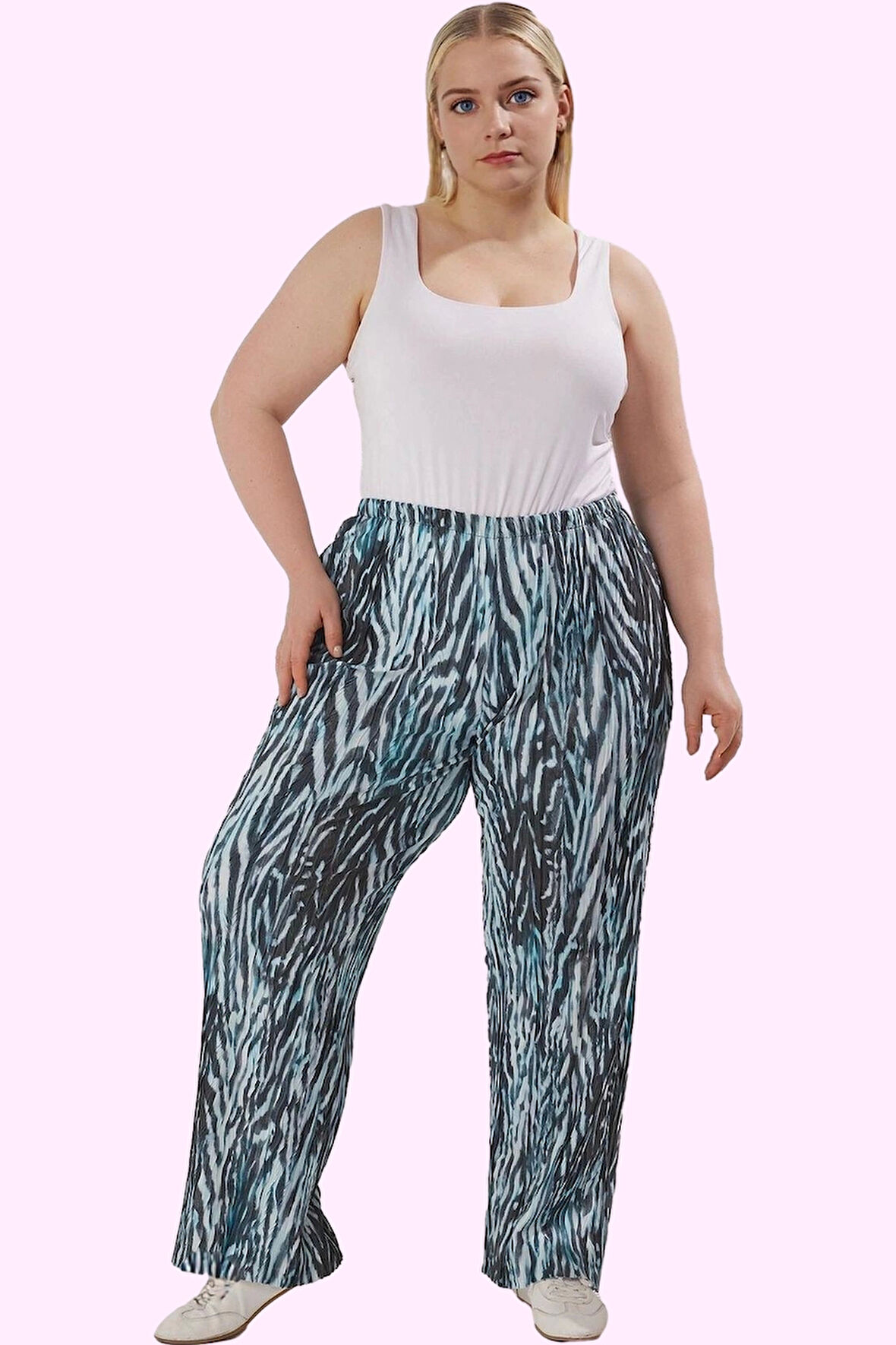 Kadın Geniş Paça Piliseli Desenli Pantolon Yüksek Bel Örme 100% Polyester Günlük Hafta Sonu