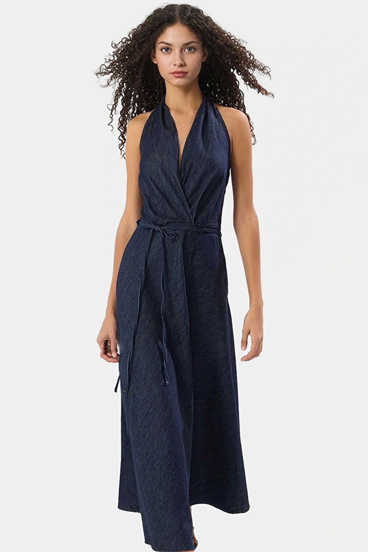 Maxi Denim Elbise Halter Yaka Volanlı Detaylı Rahat Yazlık Premium Kalite Kaliteli İşçilik