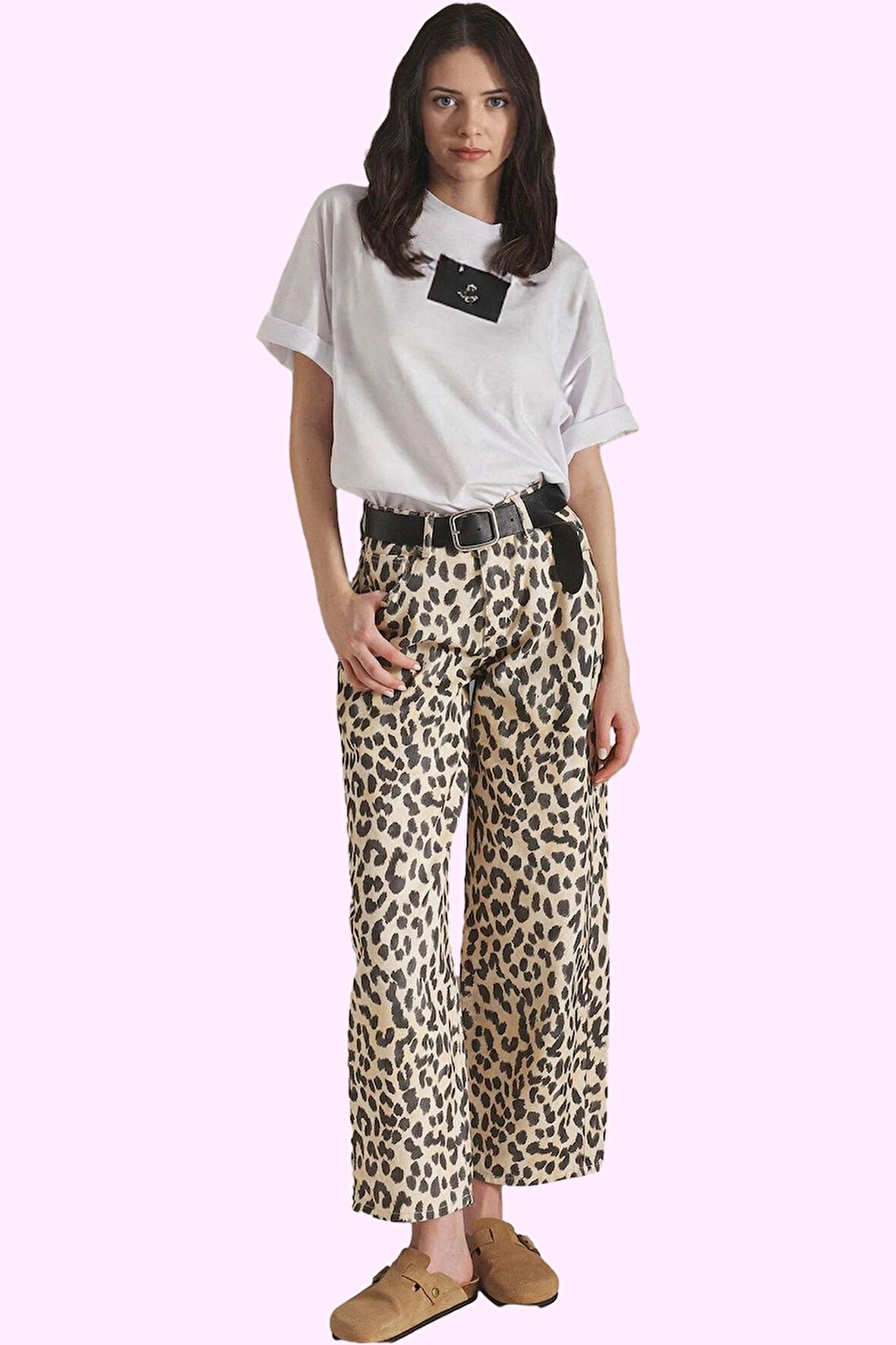 Kadın Geniş Paça Uzun Boy Leopar Desenli Denim Pantolon Pamuk Günlük Stil Kaliteli Malzeme