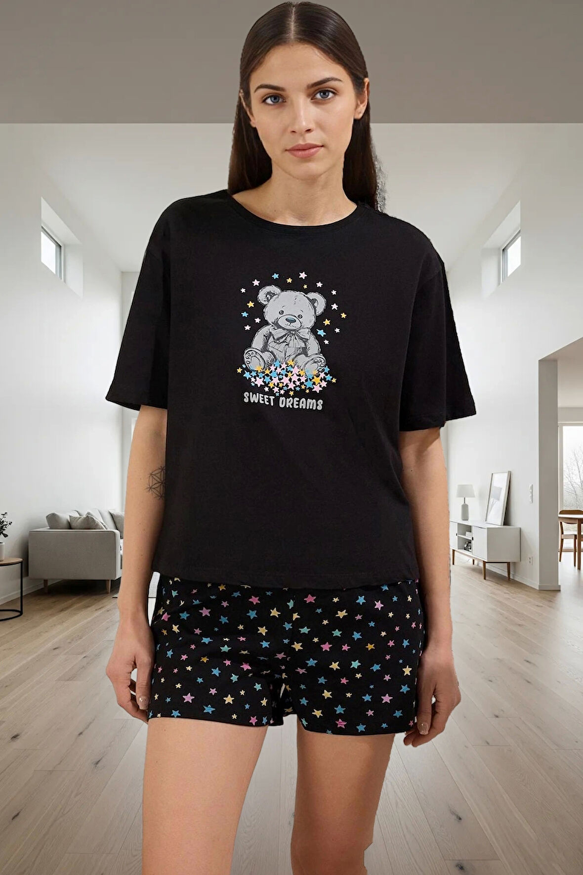 Kadın Yazlık Pamuklu Pijama Takımı Ayıcık Baskı Rahat Kalıp Günlük Kullanım İçin Profesyonel Görünüm