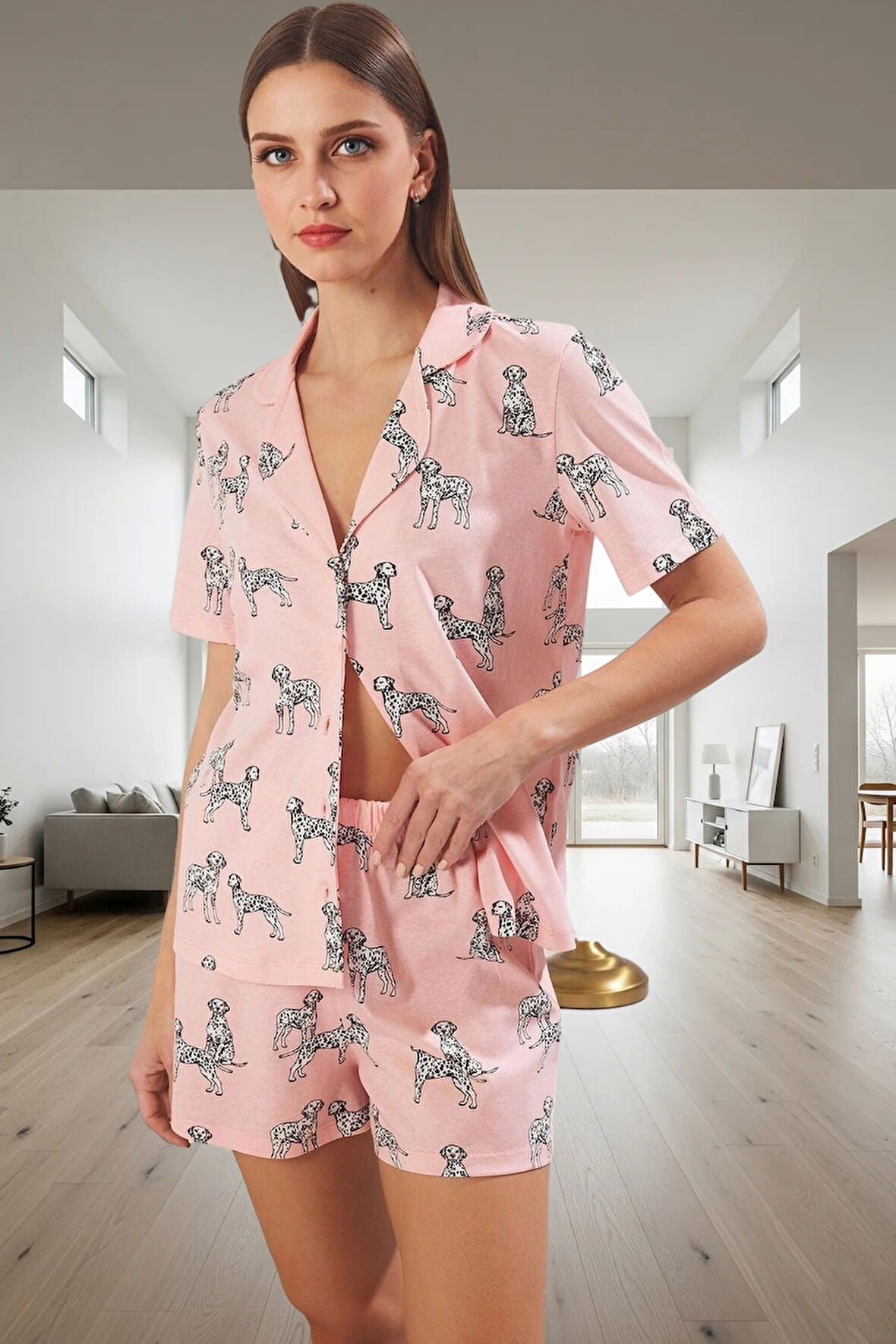 Kadın Pamuklu Köpek Desenli Pijama Takımı Rahat Şortlu Regular Kalıp Kaliteli İşçilik Trend Tasarım
