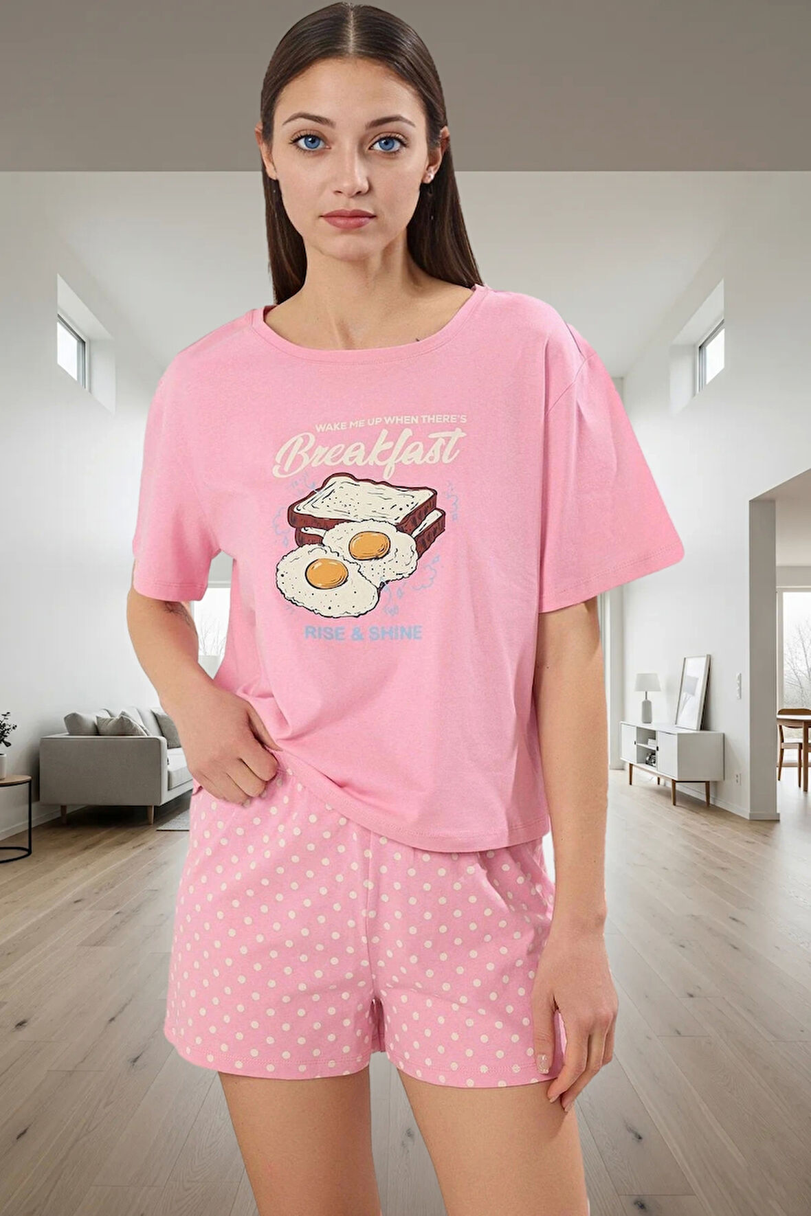 Kadın Puantiyeli Pamuklu Kısa Kollu Pijama Takımı Dayanıklı Malzeme Zarif Tasarım