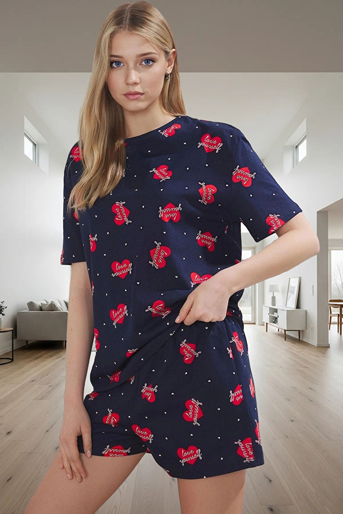 Kadın Kısa Kollu Bisiklet Yaka Pamuklu Pijama Takımı Günlük Kullanım İçin Rahat Ve Şık Uzun Ömürlü