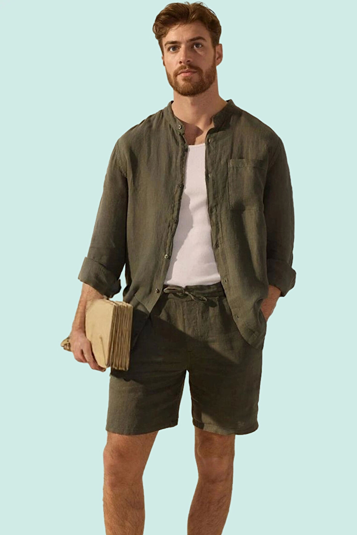 Erkek Oversize Keten Gömlek Hakim Yaka Uzun Kol Basic Günlük Hafta Sonu Yaz Aylarının Vazgeçilmezi