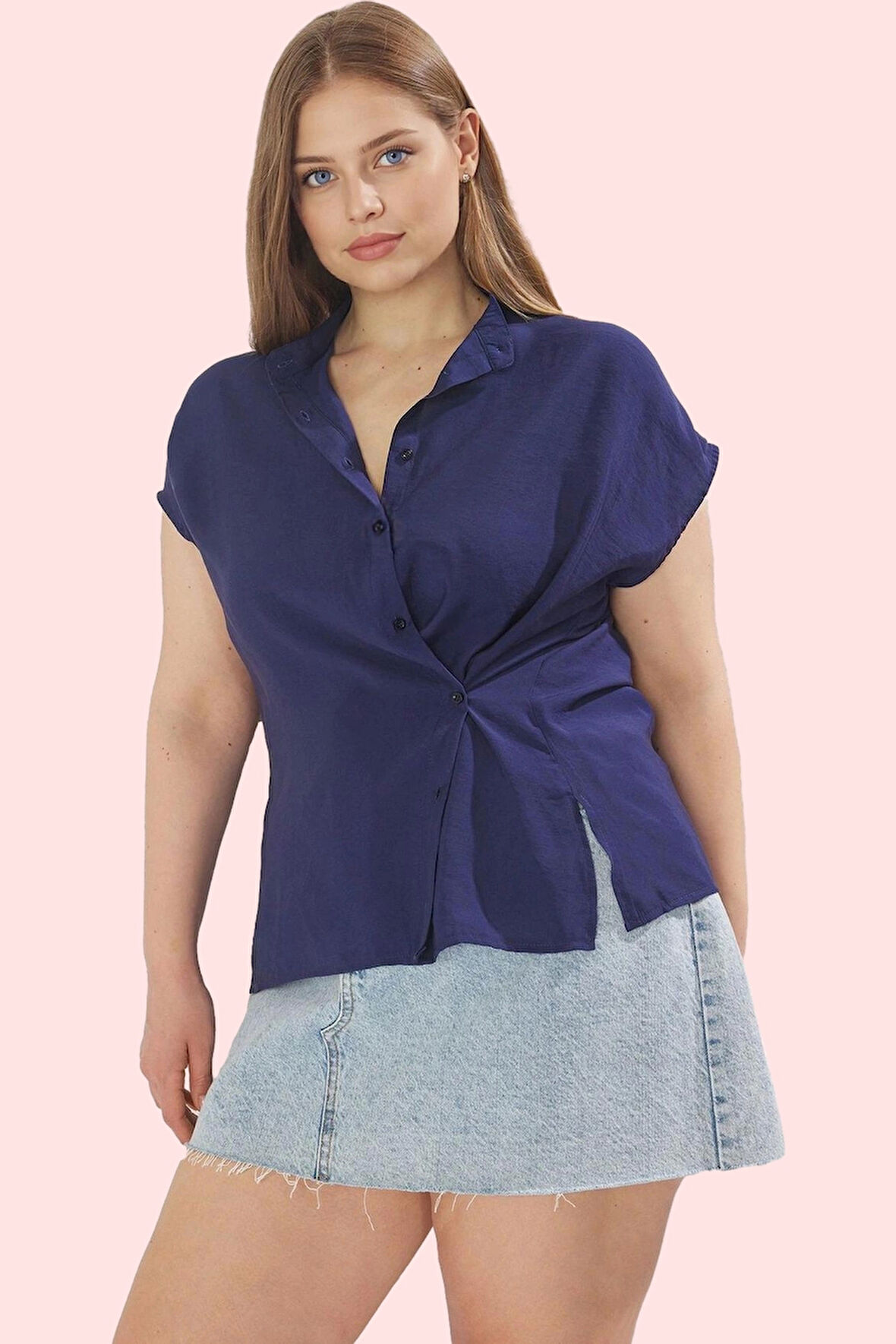 Kadın Kısa Kollu Dokuma Gömlek V Yaka Düz Desen Günlük Kullanım Yaz Aylarının Vazgeçilmezi