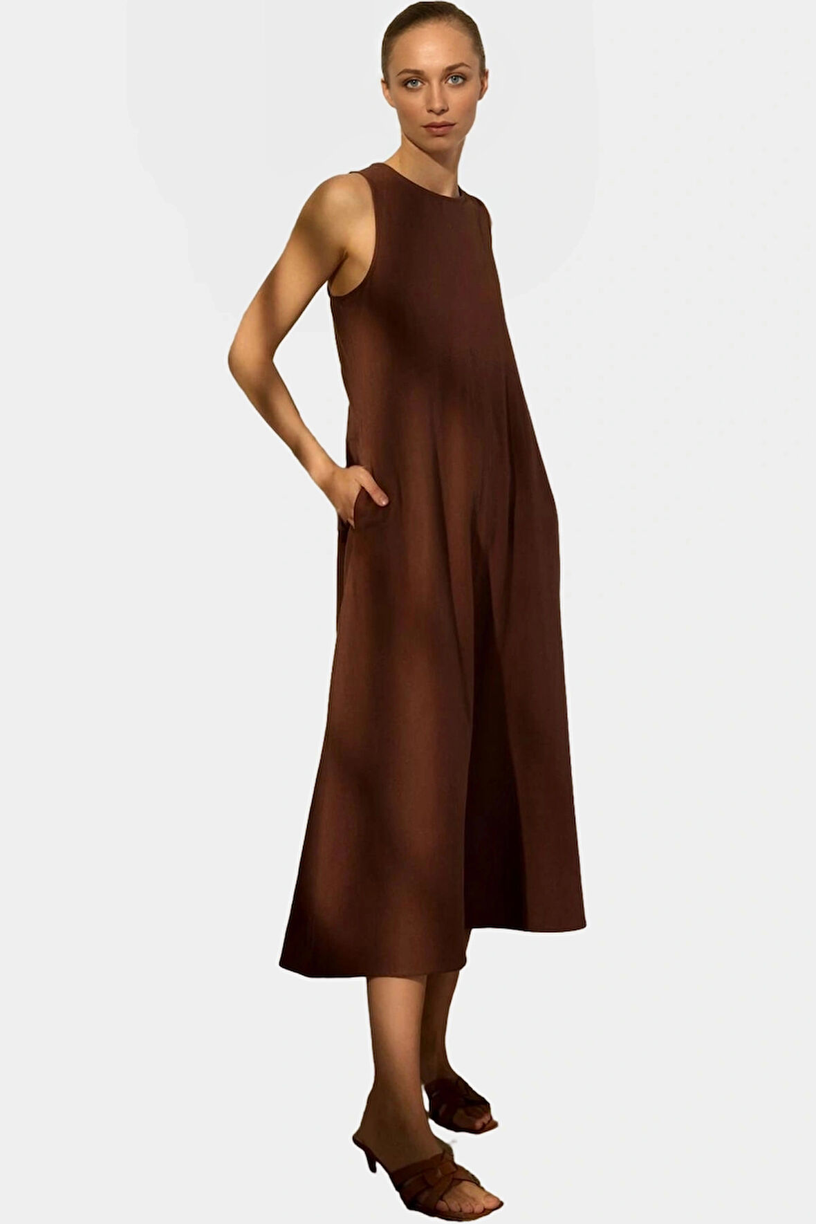 Yazlık Midi Keten Karışımlı Elbise Dikiş Detaylı Shift Kalıp Premium Kalite