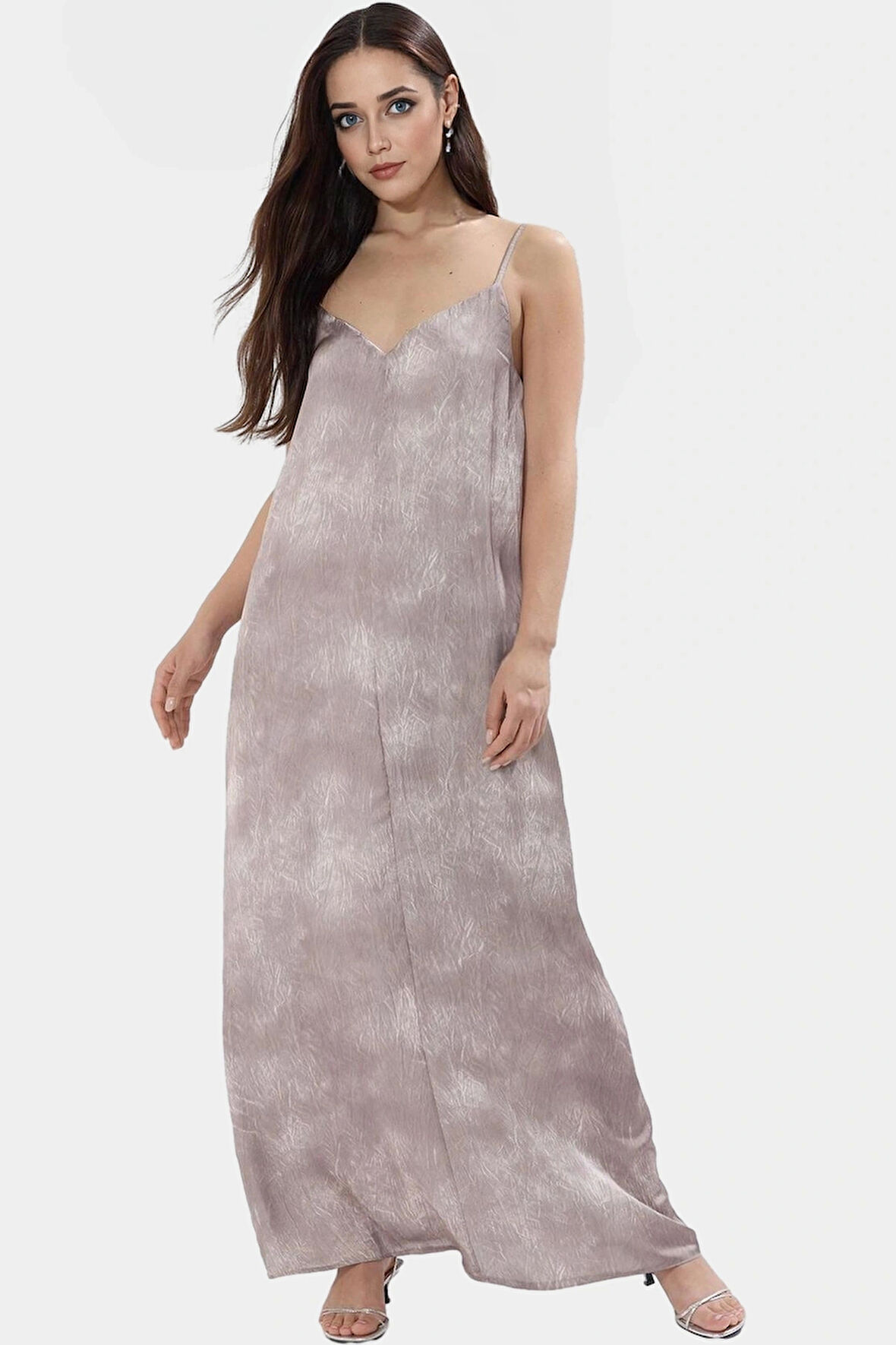 Maxi V Yaka Soyut Desenli Saten Elbise Rahat Yazlık Günlük Stil Trend Tasarım Kaliteli İşçilik