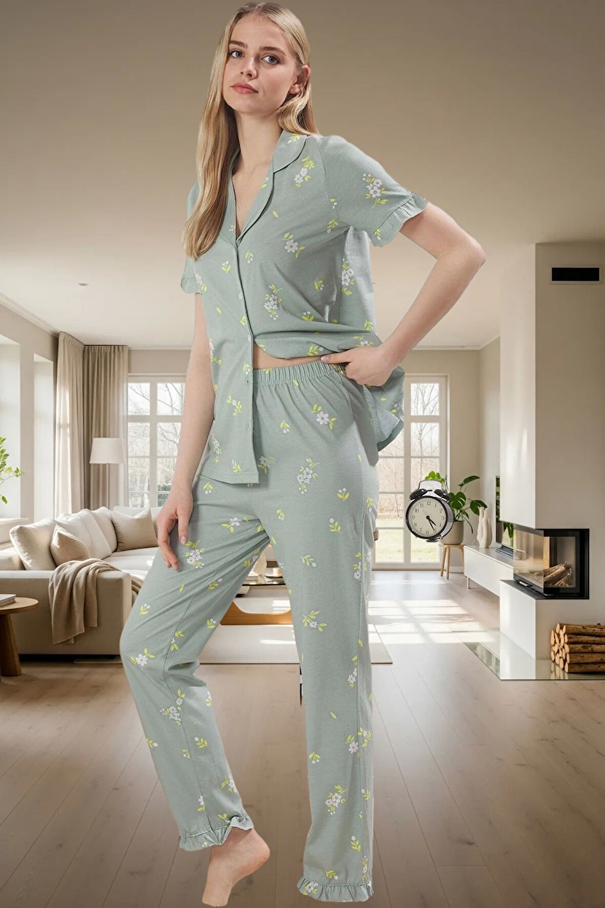 Kadın Çiçekli Pamuklu Pijama Takımı Rahat Ev Giyim Seti Kaliteli İşçilik Profesyonel Görünüm