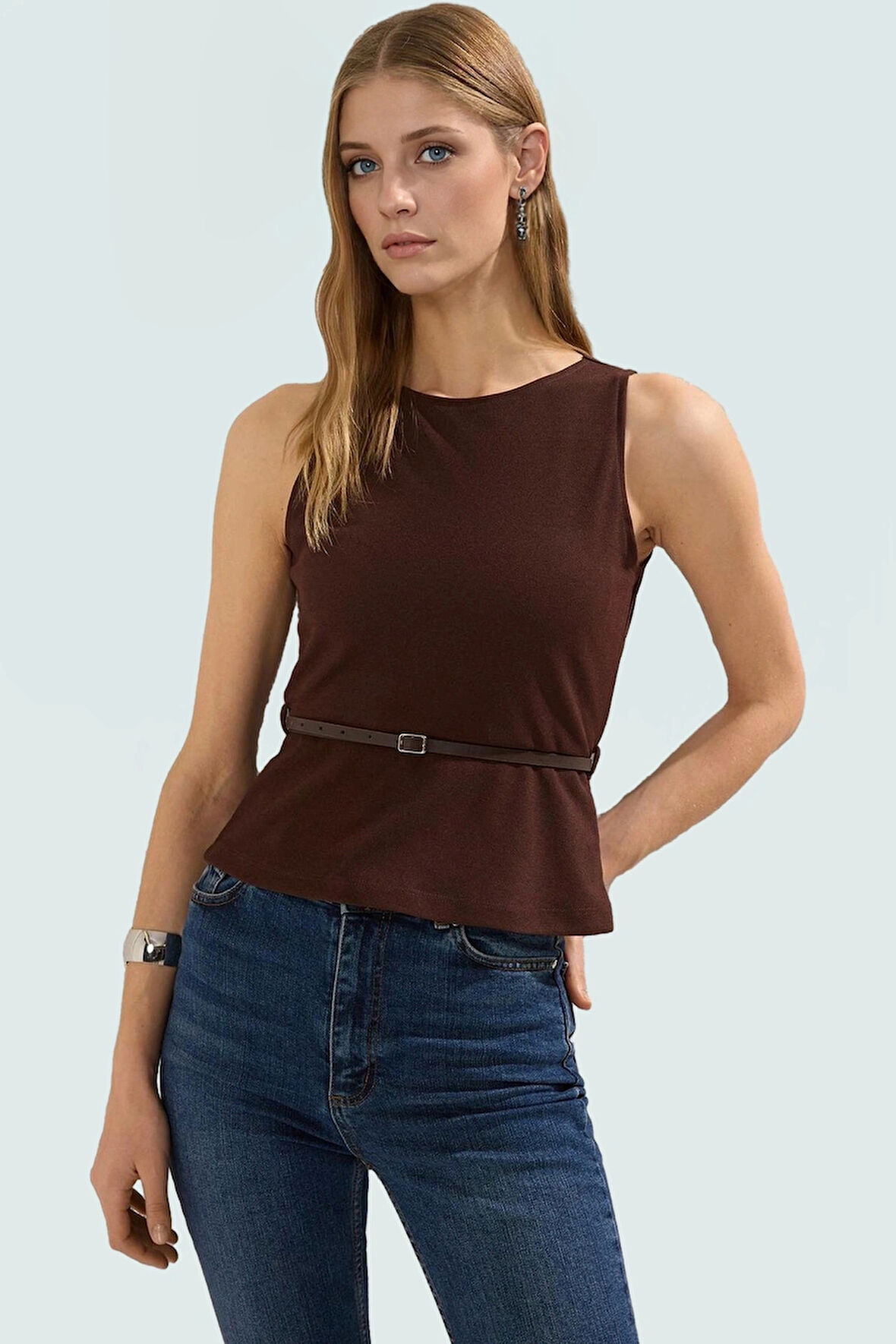 Şık Kemerli Fitted Bluz Scuba Krep Yazlık Günlük Özel Tasarım Zarifane Görünüm