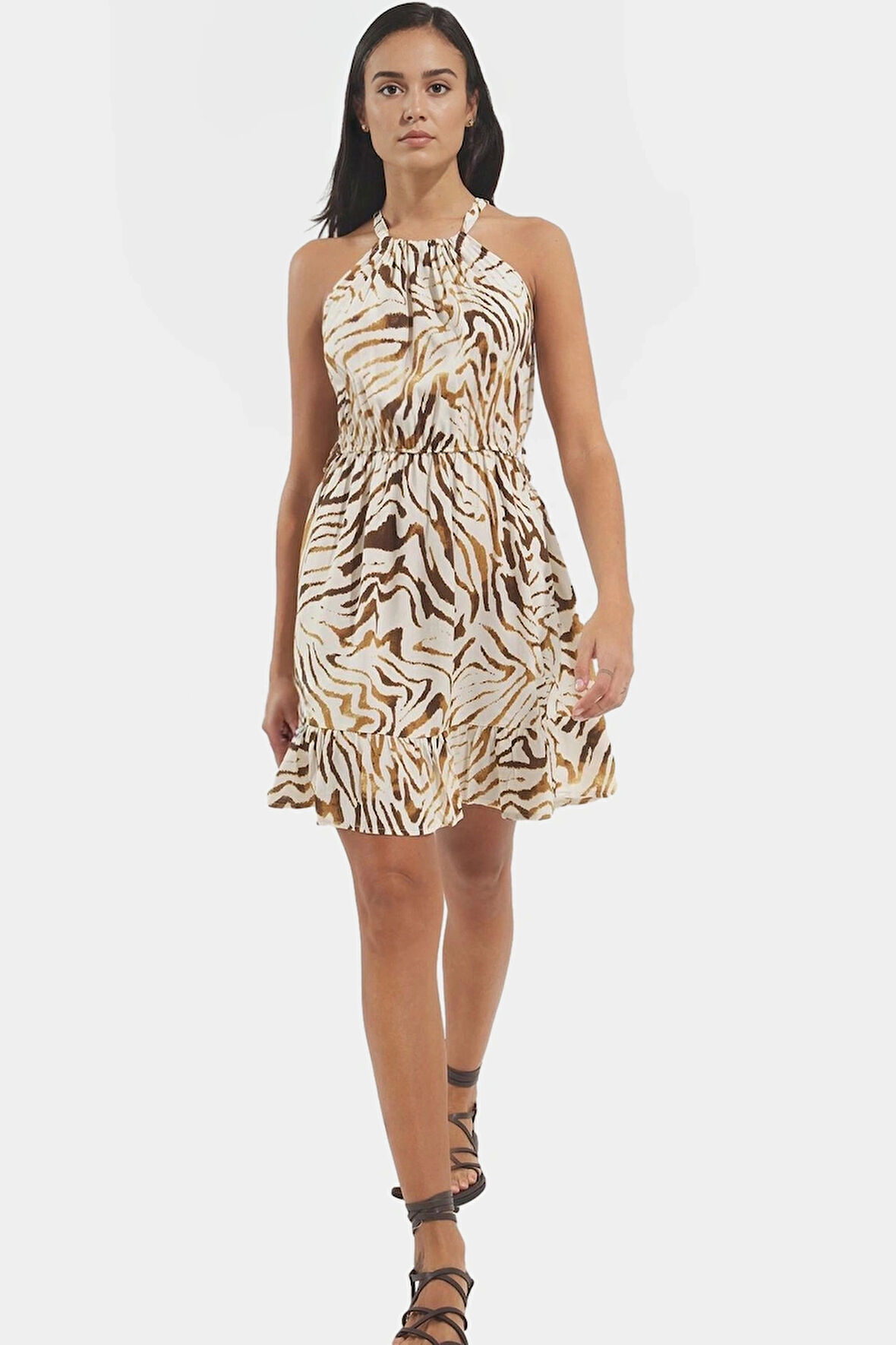 Yazlık Mini A line Halter Yaka Viskoz Elbise Şık Günlük Tarz Trend Tasarım Kaliteli İşçilik