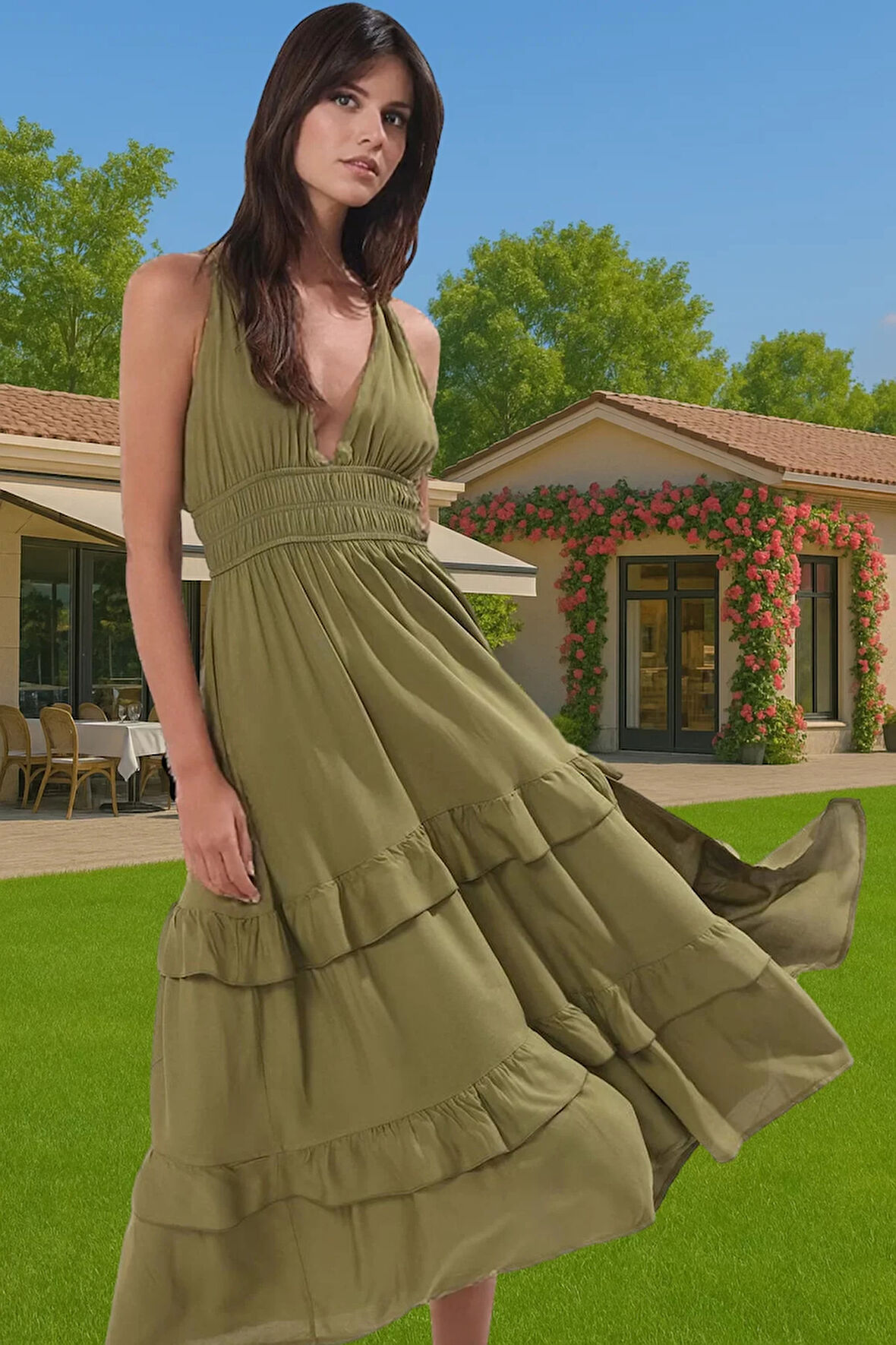 Kadın Bisiklet Yaka Maxi Plaj Elbise Viskoz Kumaş Yazlık Yüksek Kalite Zarifane Tasarım Özel Tasarım