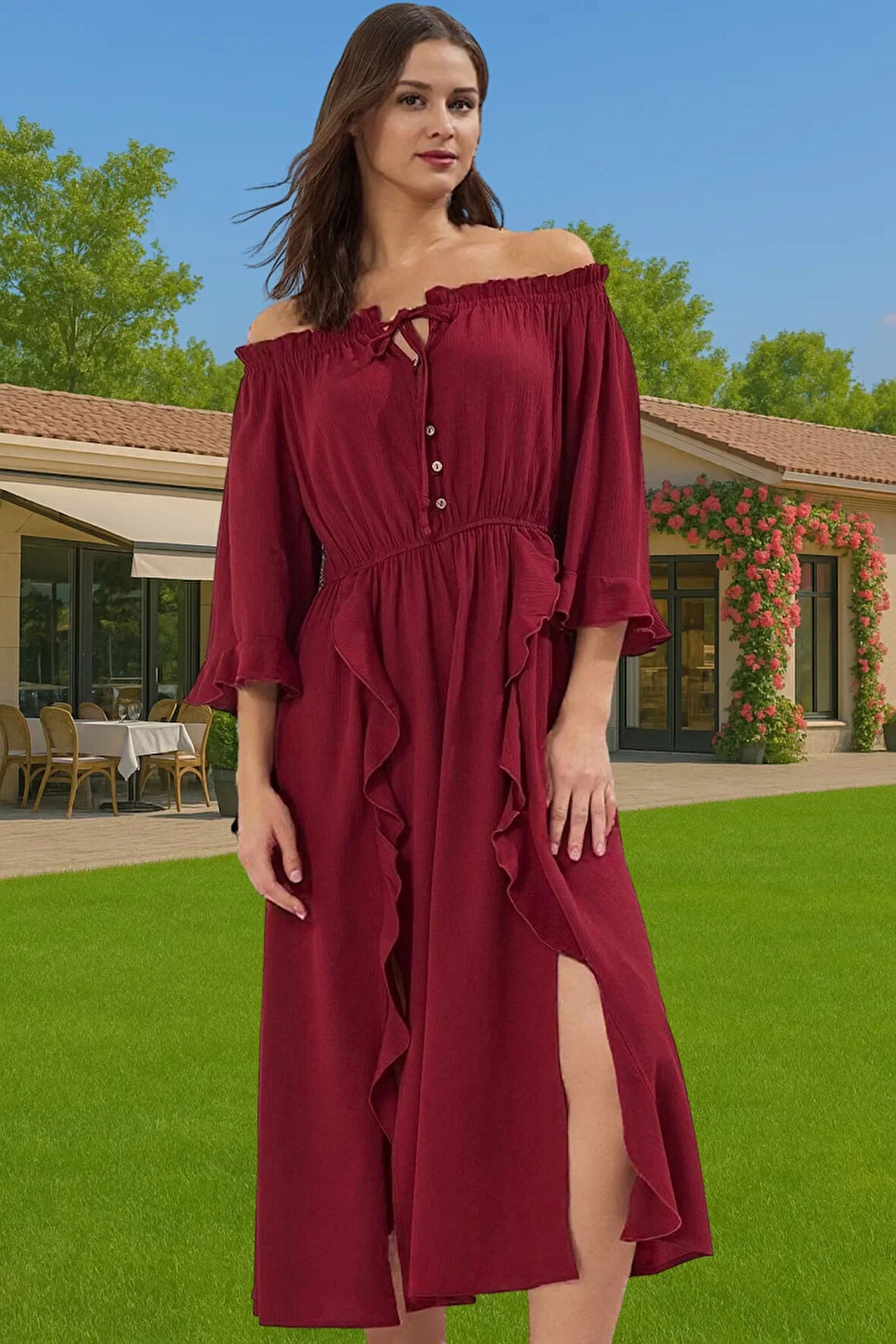 Kadın Omuzdan Düşük Maxi Plaj Elbise Crinkle Dokuma Viskoz Yazlık Rahat Ve Şık Seçkin Malzeme