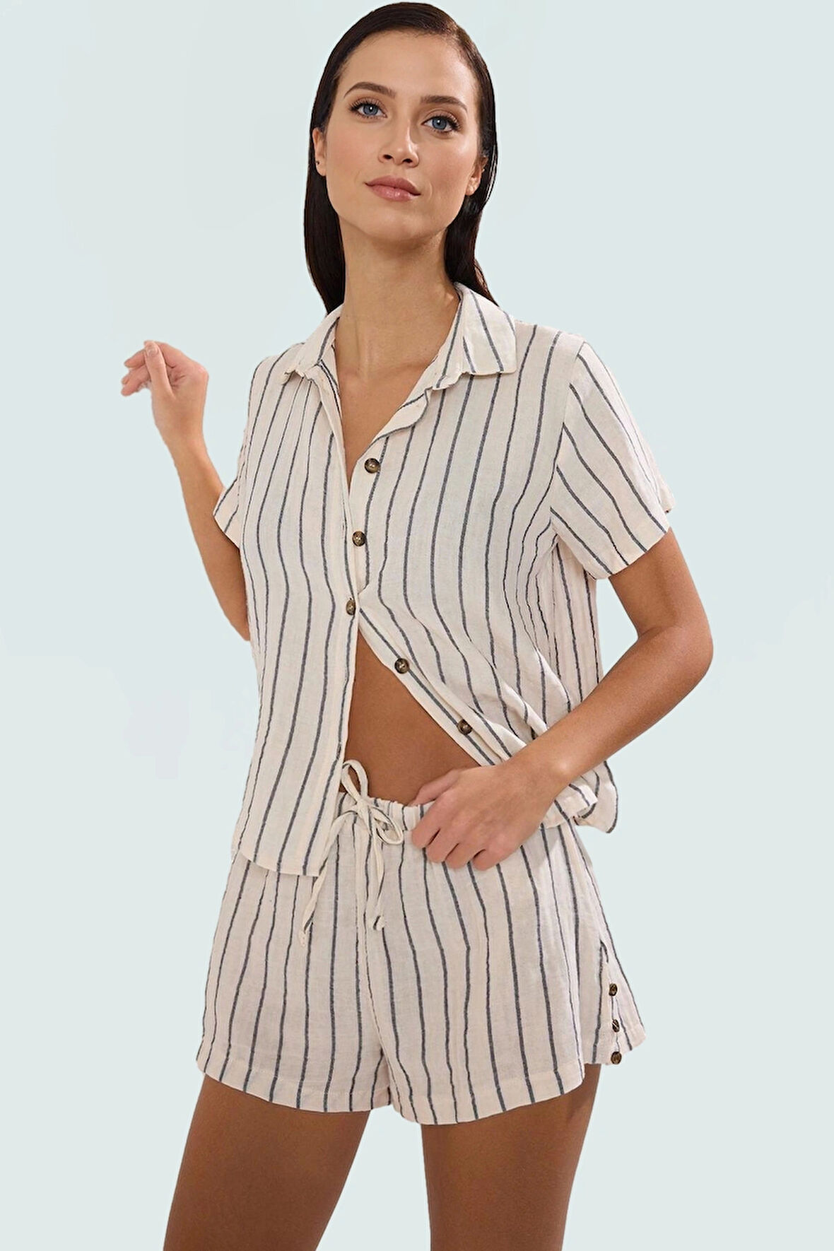 Çizgili Pamuklu Müslin Plaj Gömlek Şort Takım Rahat Yazlık Yüksek Kalite Trend Tasarım