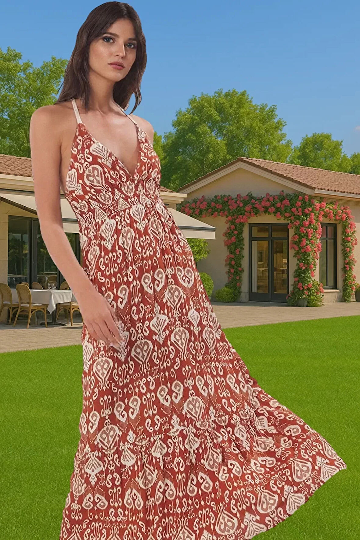 Etnik Desenli Maxi Şifon Plaj Elbise Yazlık Rahat Tasarım Konforlu Kesim Premium Kalite Şık Görünüm