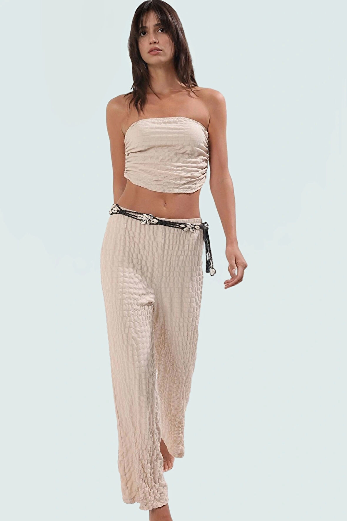 Şık Dokulu Plaj Bluz Pantolon Takımı Yaz Mevsimi İçin Rahat Kullanım Günlük