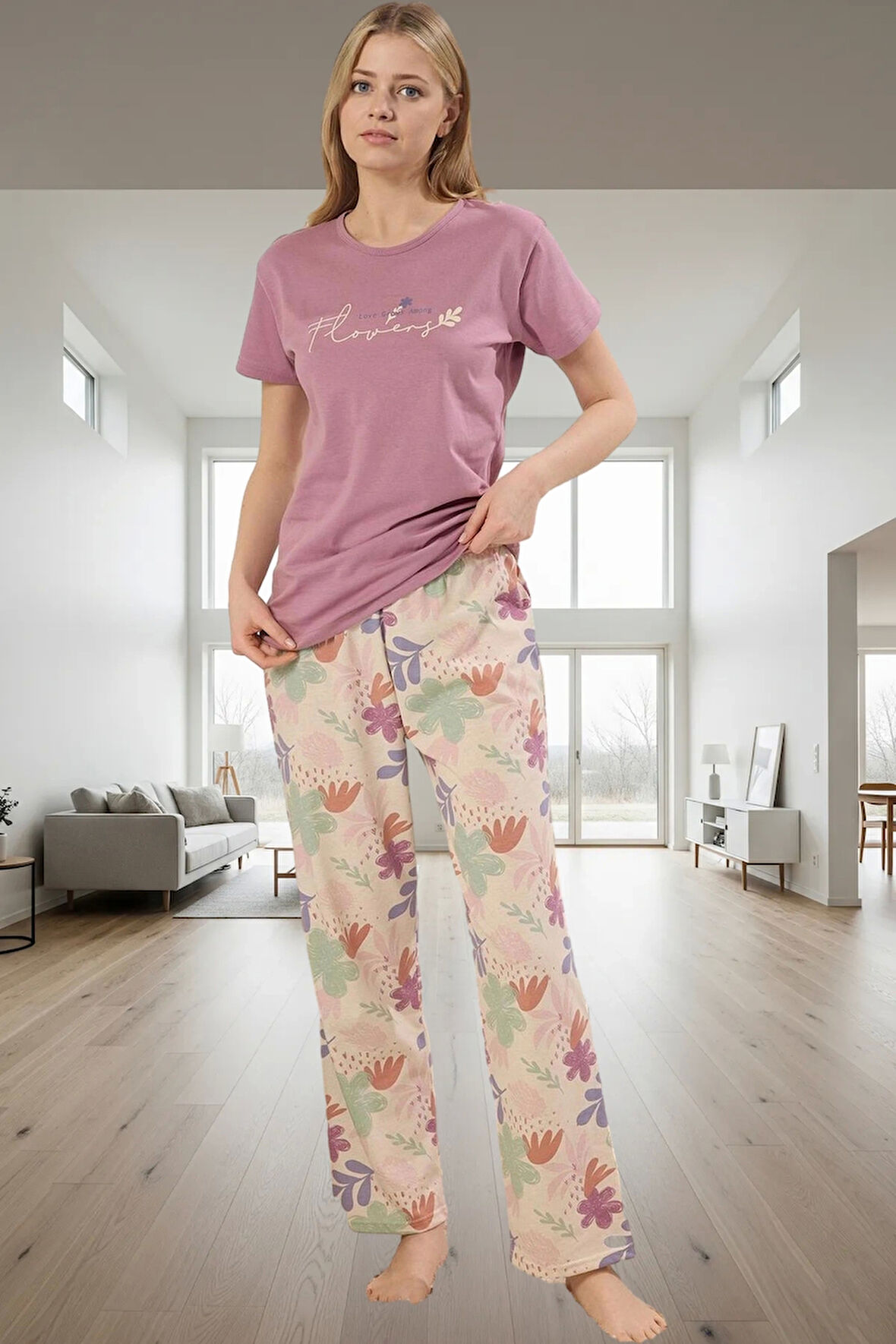 Kadın Çiçekli Bisiklet Yaka Pamuklu Kısa Kollu Pijama Takımı Konforlu Kesim Zarif Tasarım