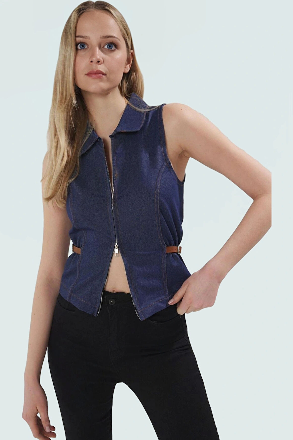 Fitted Vücuda Oturan Örme Bluz Polo Yaka Denim Görünümlü Yazlık Günlük Özenle Seçilmiş