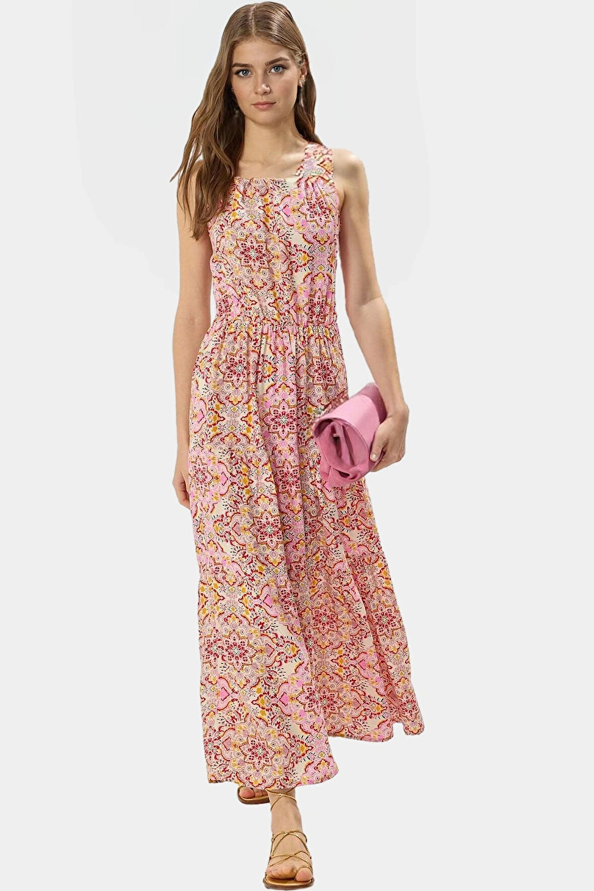 Yazlık Çiçekli A Line Halter Yaka Maxi Elbise Viskoz Kumaştan Rahat Günlük Stil Kullanım