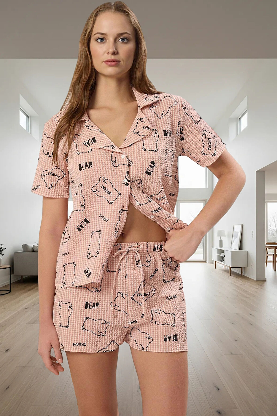 Kadın Ayıcıklı Gofre Pijama Takımı Regular Kalıp Yazlık Uzun Ömürlü Rahat Kullanım