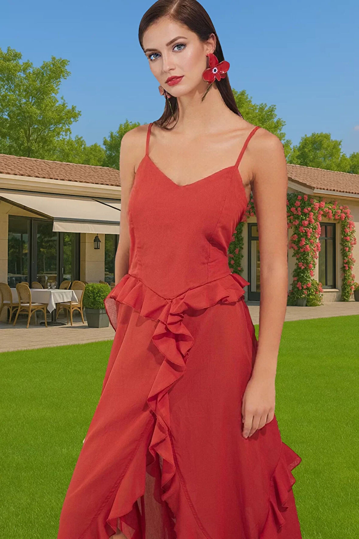 Kadın Midi Boy Volanlı Pamuk Plaj Elbise Yazlık Rahat Şık Uzun Ömürlü Yüksek Kalite Konforlu Kesim