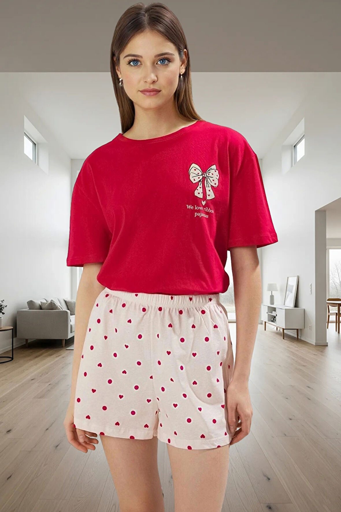 Kadın Kalpli Desenli Pamuklu Pijama Takımı Rahat ve Şık Homewear Özenle Seçilmiş