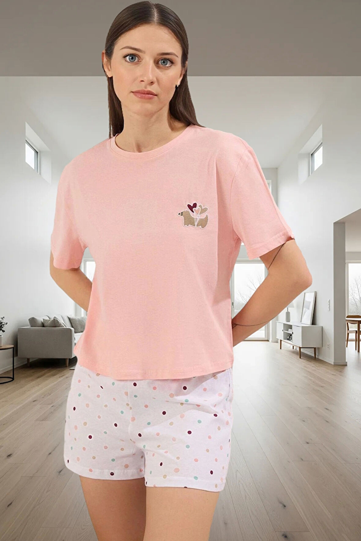 Kadın Kalpli Desenli Pamuklu Pijama Takımı Rahat ve Şık Homewear Özenle Seçilmiş