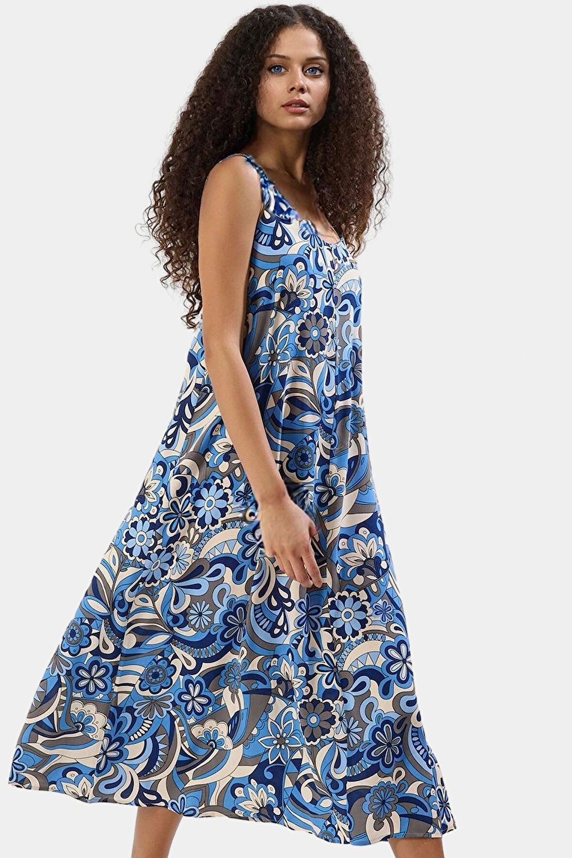 Yazlık Geometrik Desenli Midi Elbise Viskoz Kumaş Günlük Şık Tarz Modern Stil Trend Tasarım